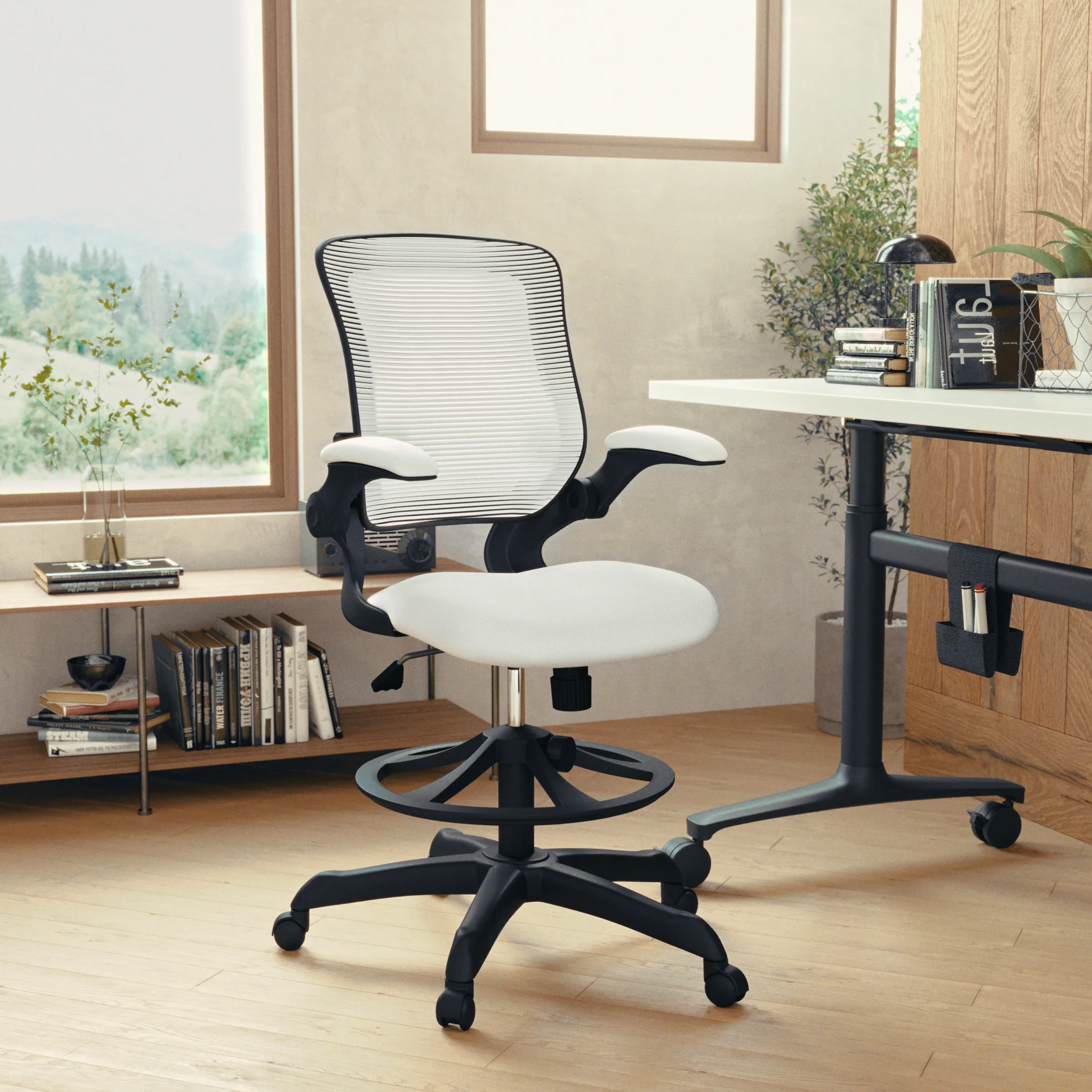 Flash Furniture Kale Mid-Back White Mesh Ergonomic Drafting Chair with Adjustable Foot Ring and Flip-Up Arms