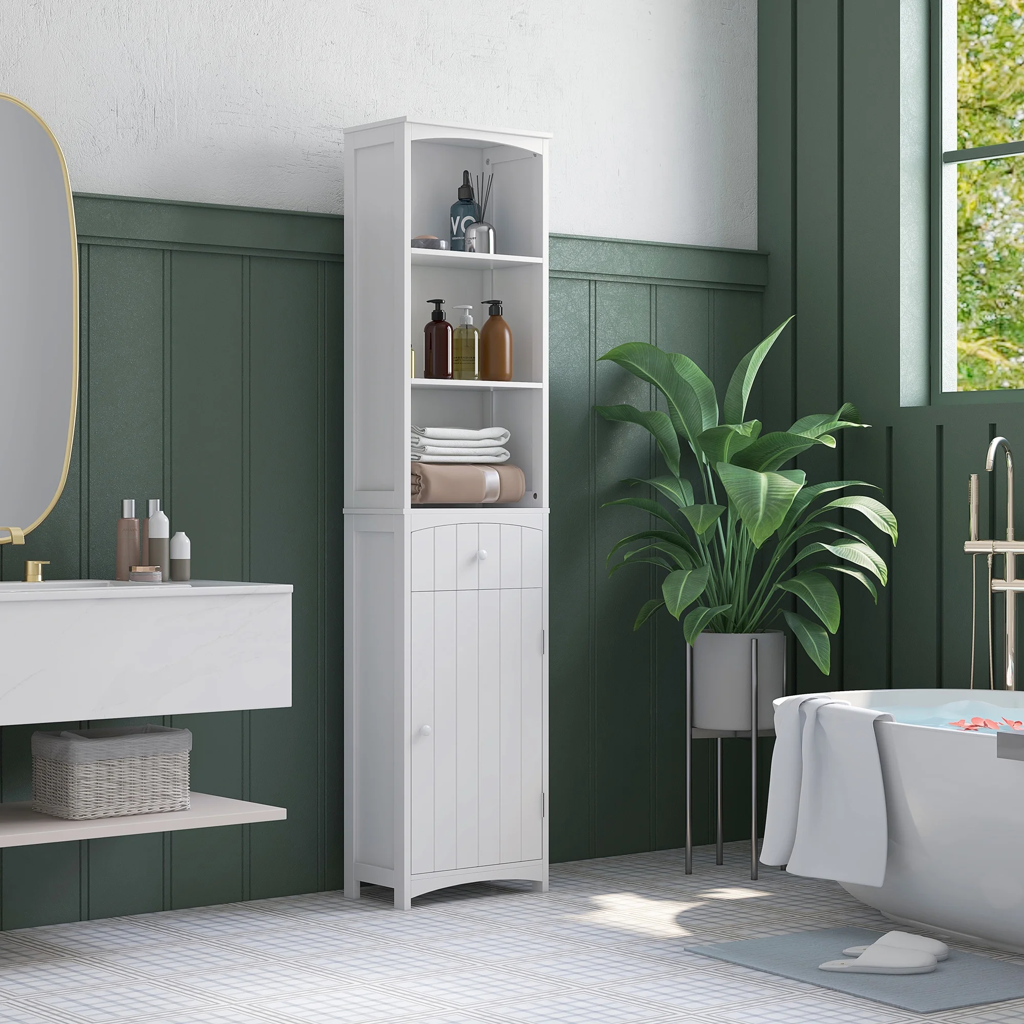HOMCOM Bathroom Storage Cabinet, Free Standing Bathroom Storage Unit, Tall Linen Tower with 3-Tier Shelves and Drawer, White
