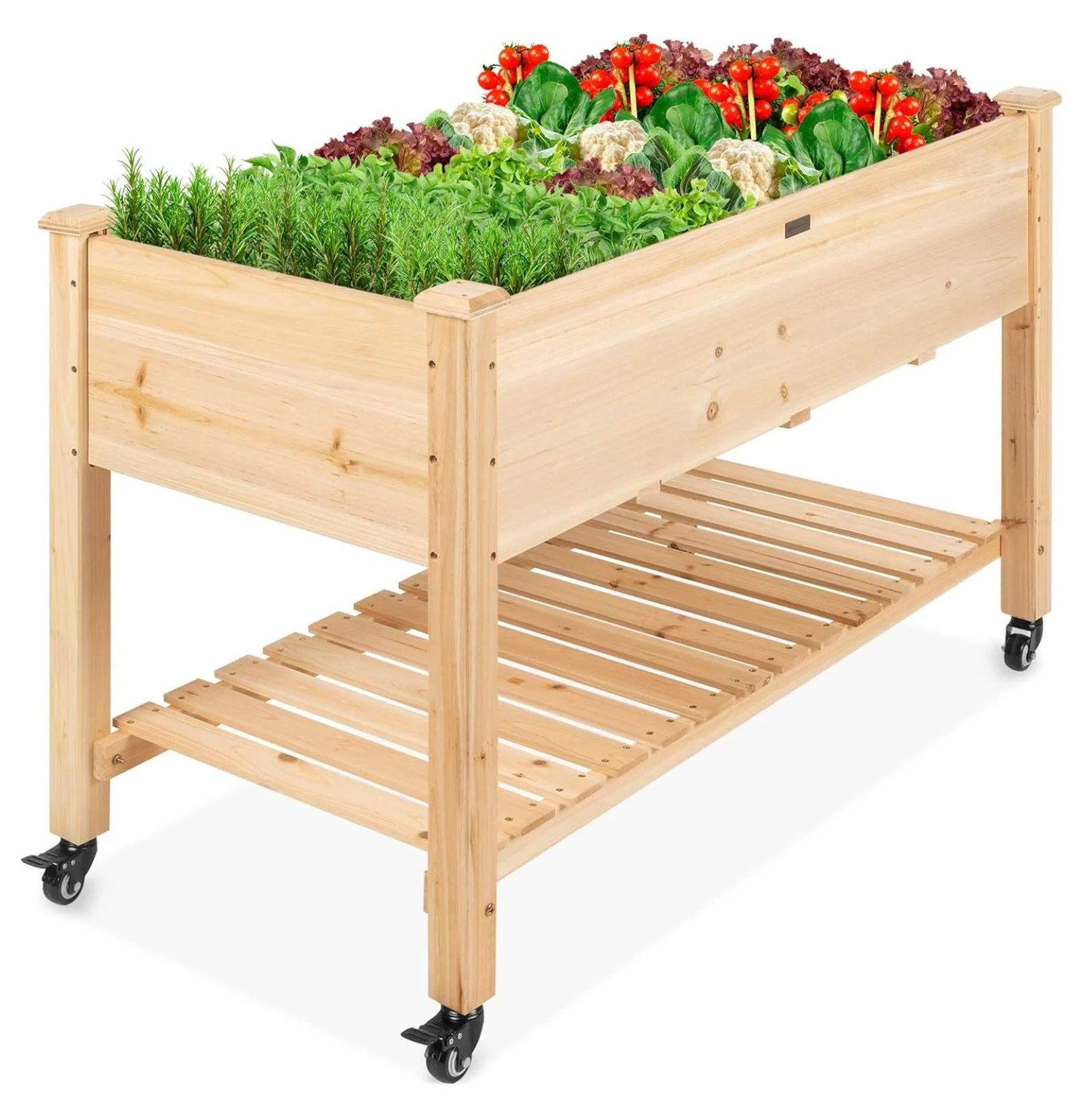 Lorelia Raised Garden Bed 48x24x32-inch Mobile Elevated Wood Planter w/Lockable Wheels, Storage Shelf, Protective Liner - Natural