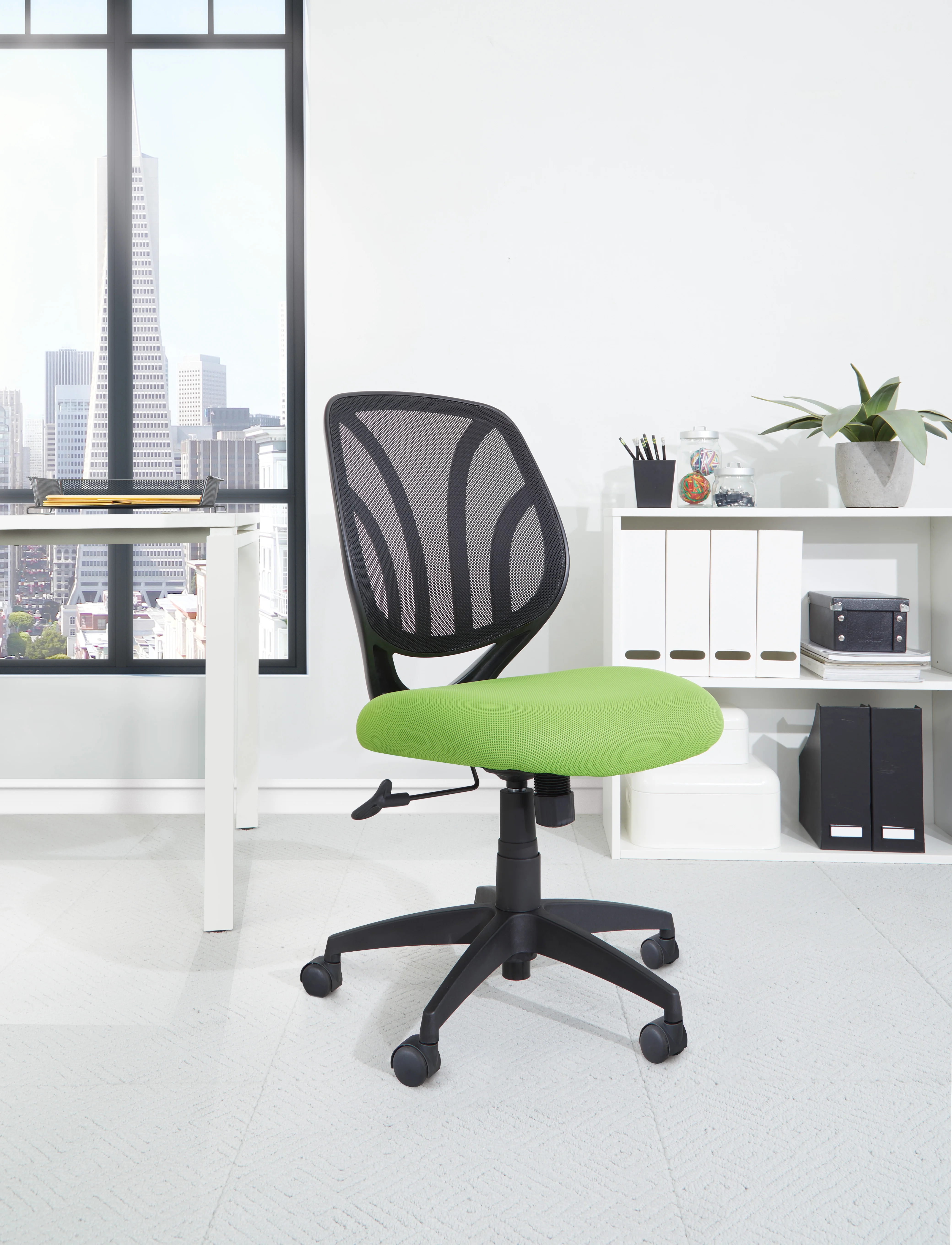 Office Star Products Screen Back Chair with Green Mesh, Flip Arms, and Silver Accents