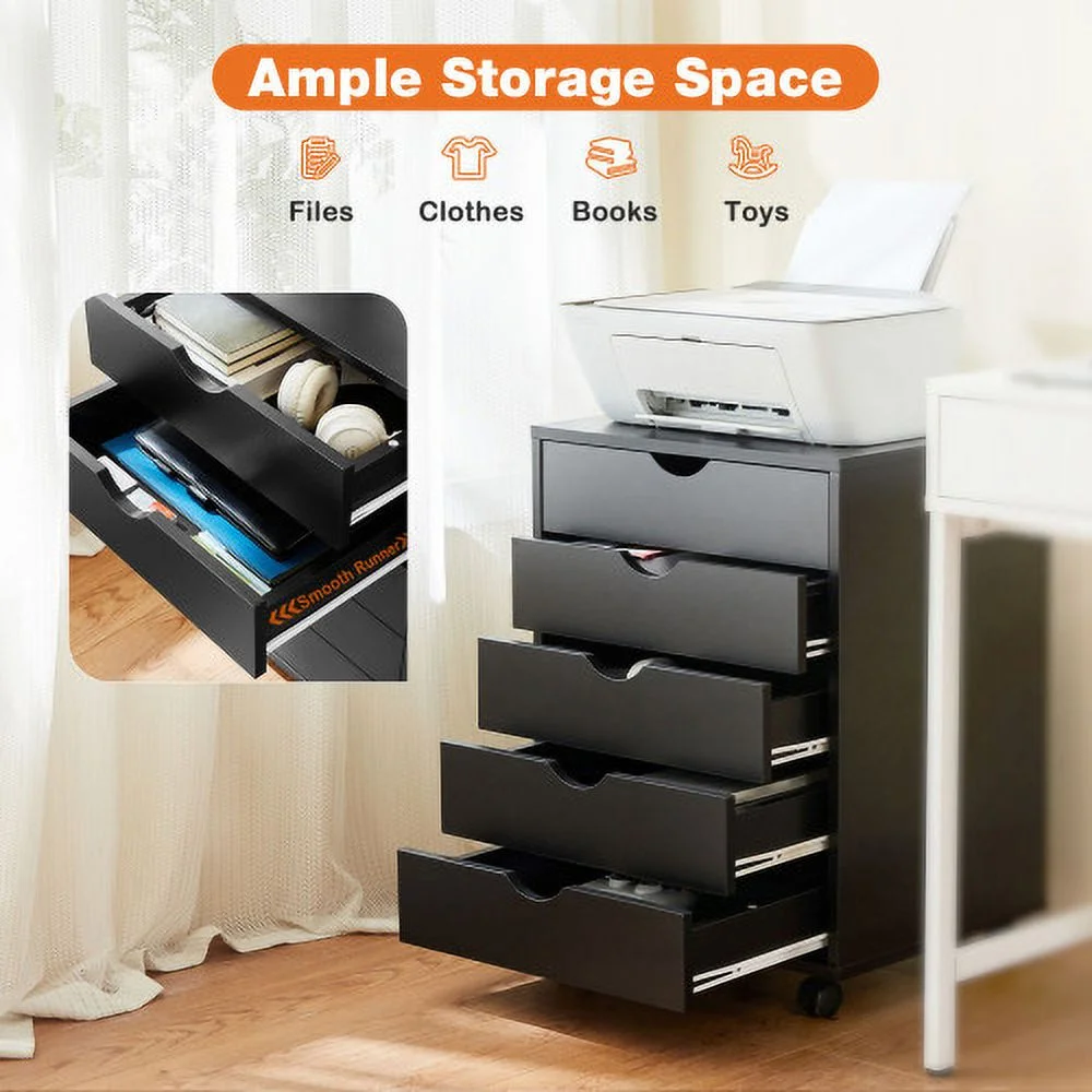 5 Drawer Chest, Storage Cabinets with Wheels, Wood Dressers Mobile Organizer Drawers for Office, Bedroom, Home, Black