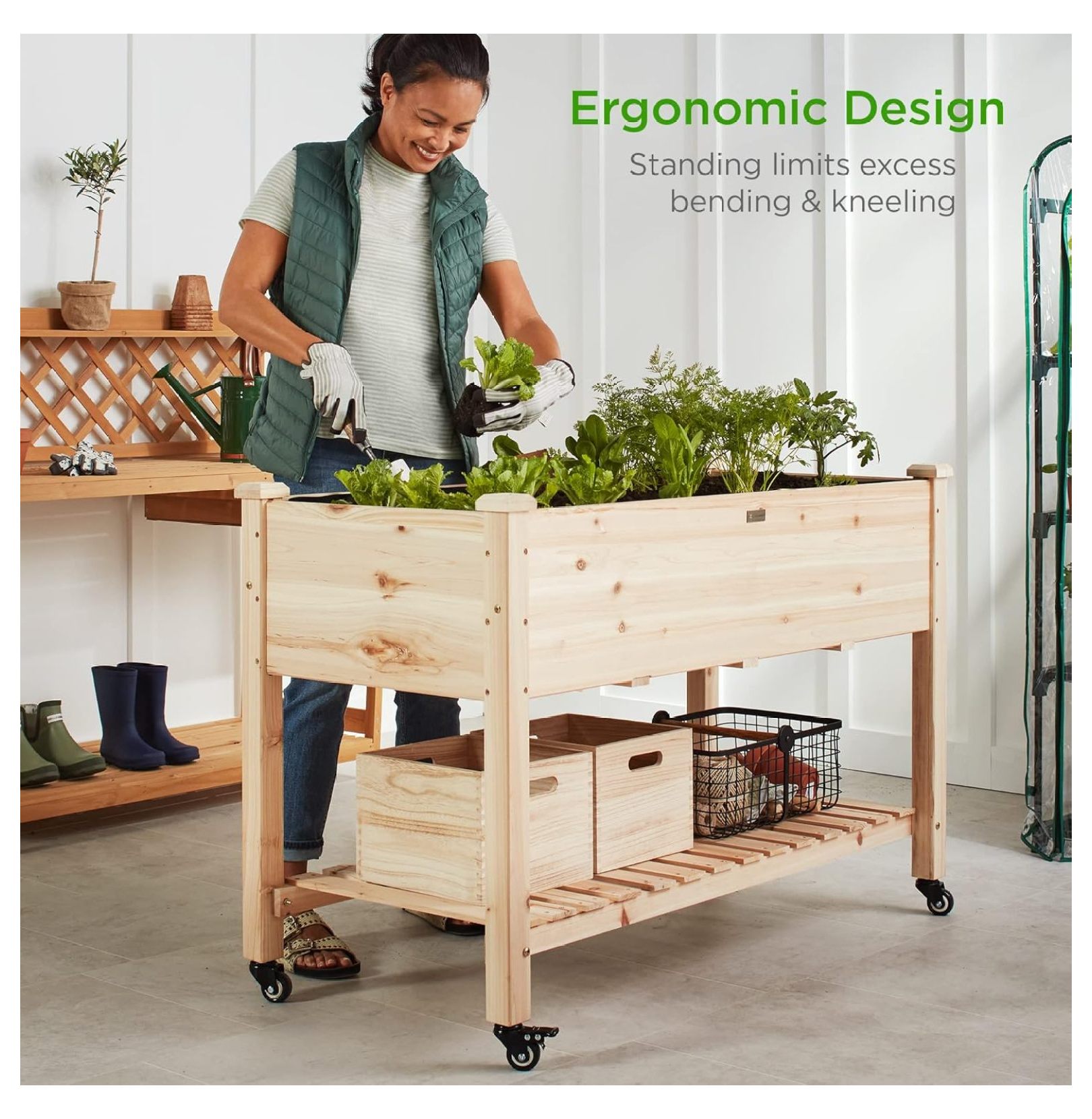 Lorelia Raised Garden Bed 48x24x32-inch Mobile Elevated Wood Planter w/Lockable Wheels, Storage Shelf, Protective Liner - Natural