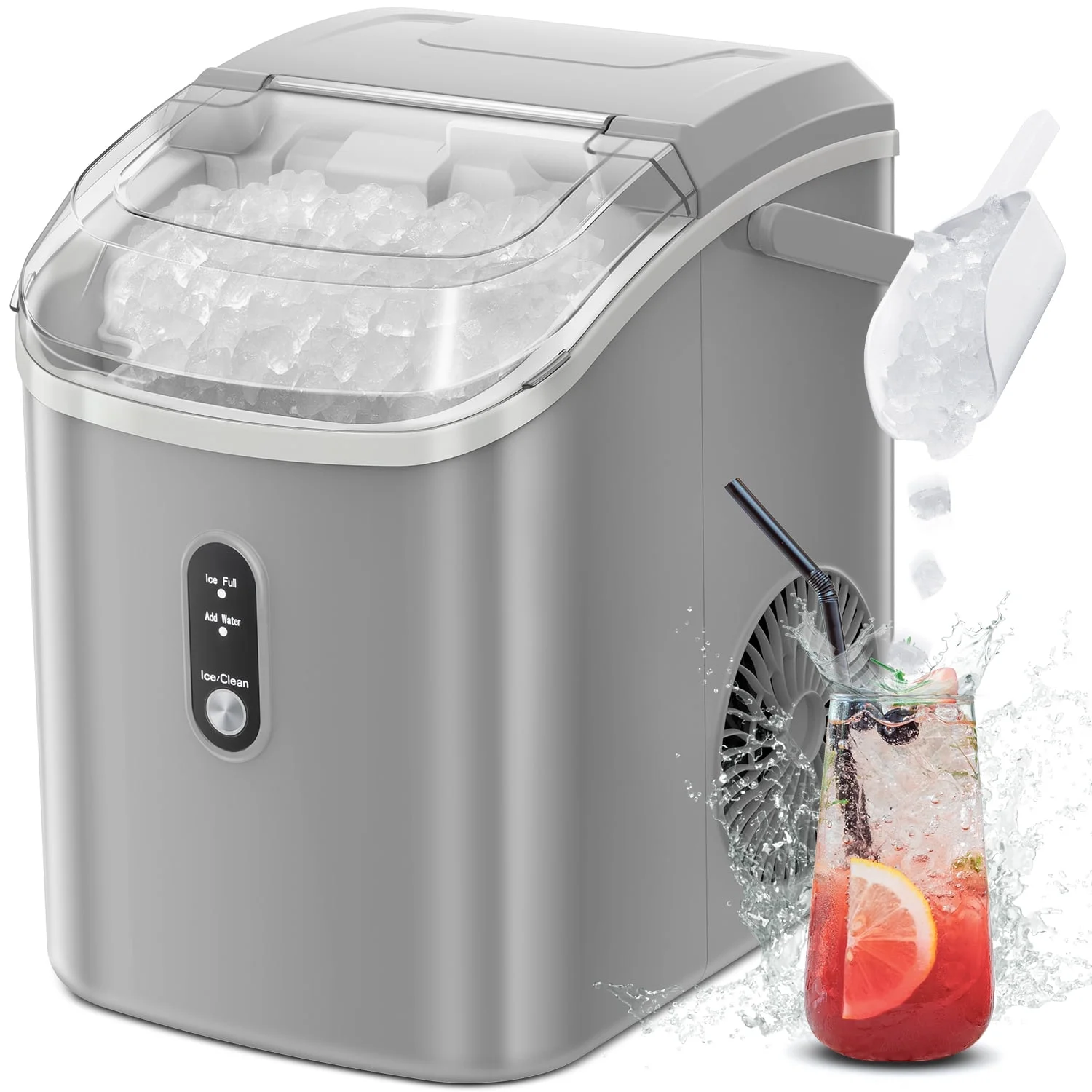 Auseo Nugget Ice Maker Countertop with Handle,Soft Chewable Pellet Ice, 34lbs/24H, Self-Cleaning, Sonic Ice Machine for Home/Office/Party-Gray