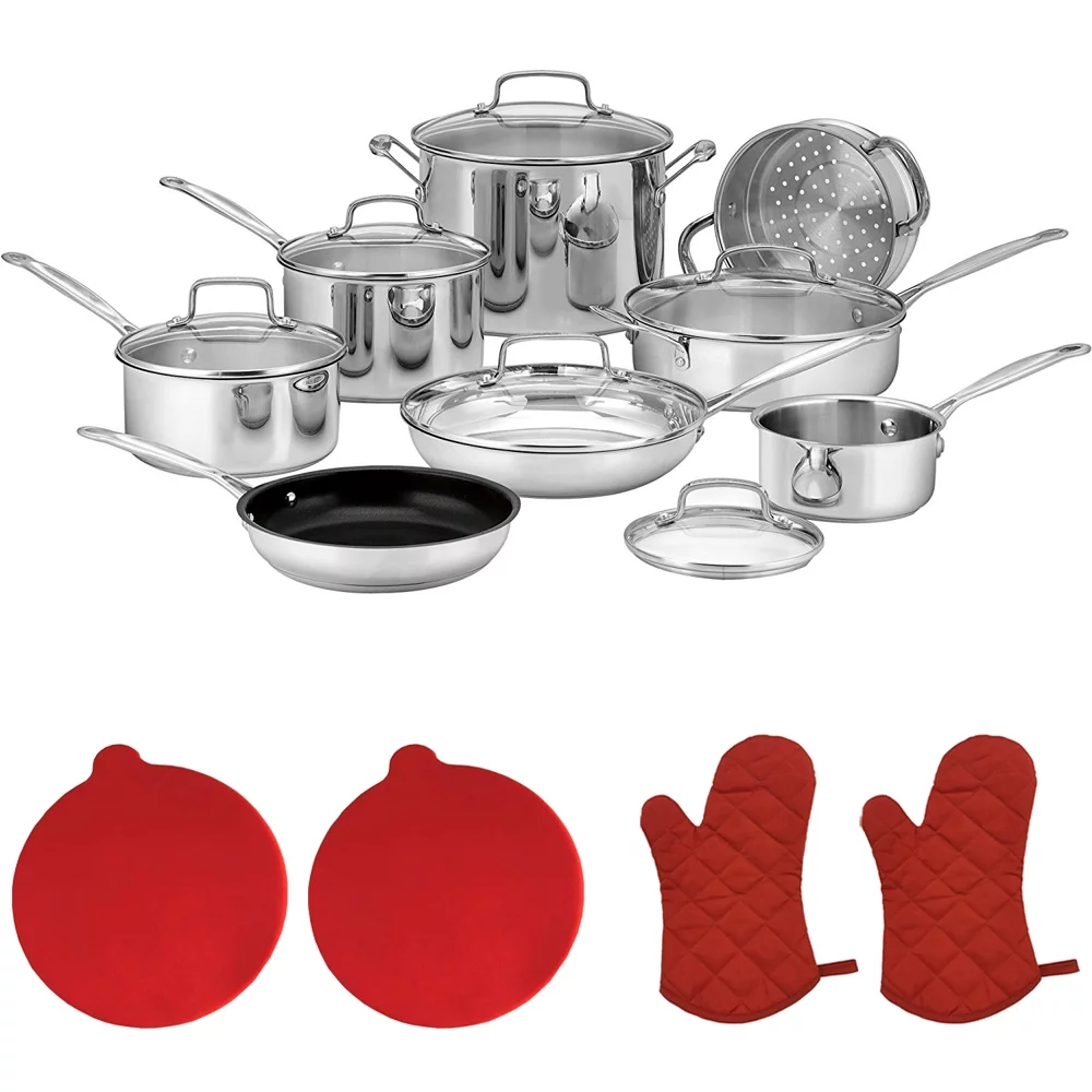 Cuisinart 77-14N Chef's Classic 14-Piece Set, Stainless Steel + 2x Red Oven Mitt + 2x Red Silicon Trivet