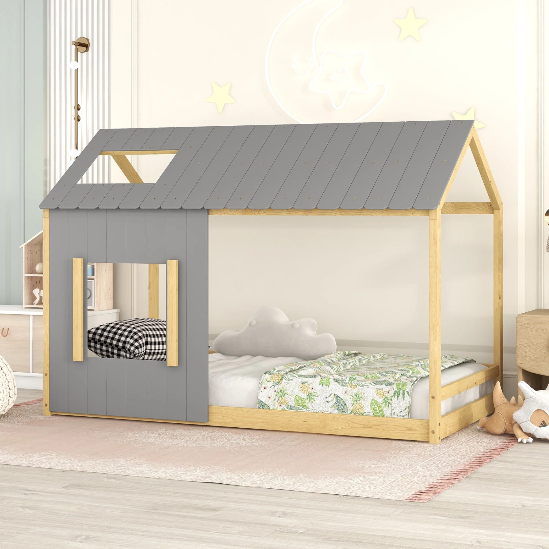 House-shaped Twin Size Montessori Floor Bed with Roof and Window, Wood Frame Floor Bed for Boys, Girls and Adult, Gray+ Natural