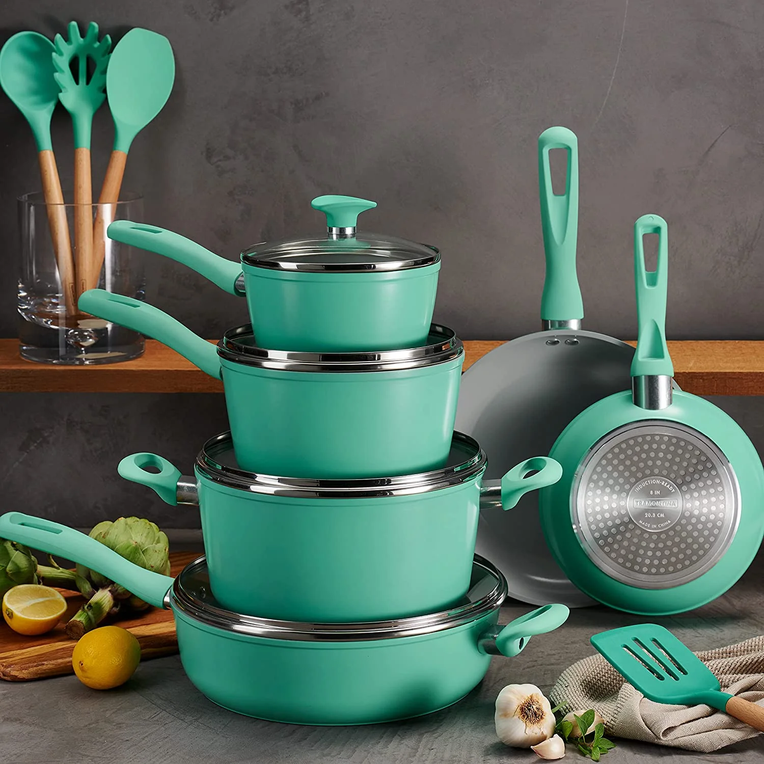 Non-Stick 14-Piece Cookware Set Stylish Pots and Pans for Effortless Cooking Teal Set