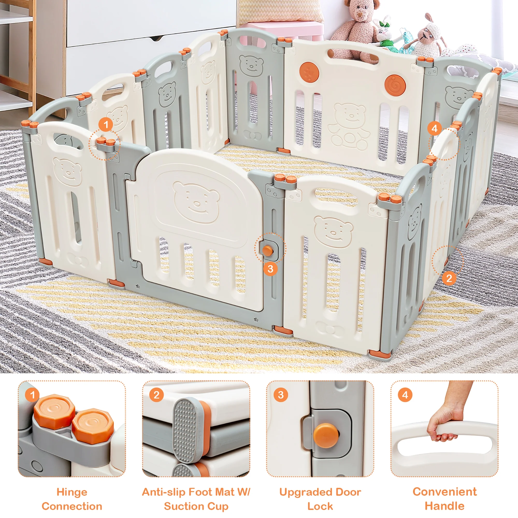 Costway Foldable Baby Playpen 14 Panels Kids Activity Play Yard Anti-slip Suction Cups Upgraded Safety Lock Safety Play Center for Babies & Toddlers