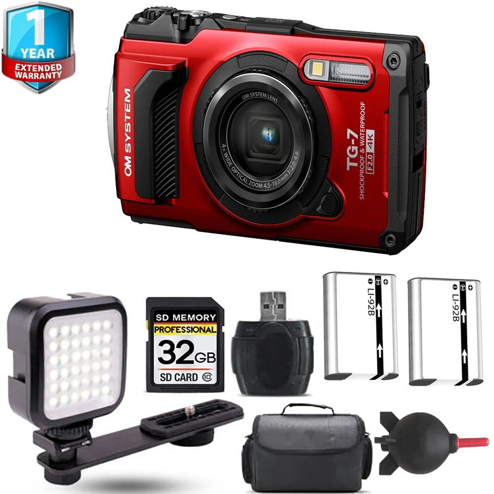 Olympus OM SYSTEM Tough TG-7 Digital Camera (Red) + Extra Battery + LED +1 Yr Warranty