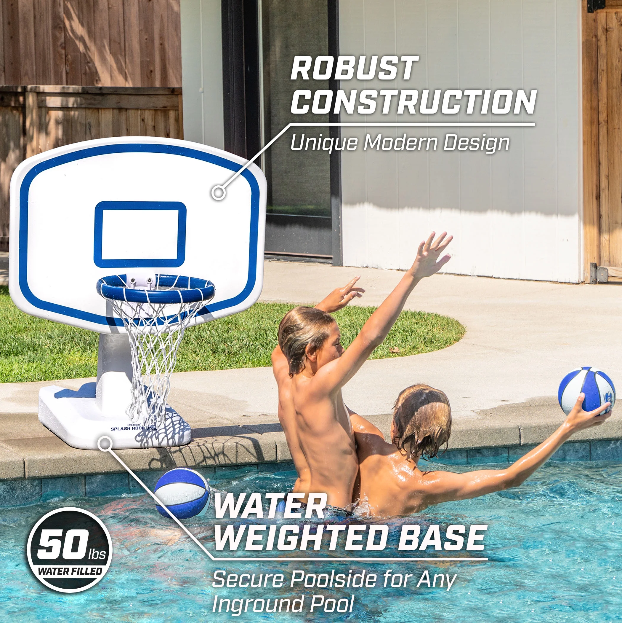GoSports Splash Hoop PRO Swimming Pool Basketball Game - Includes Poolside Water Basketball Hoop, 2 Balls and Pump - White