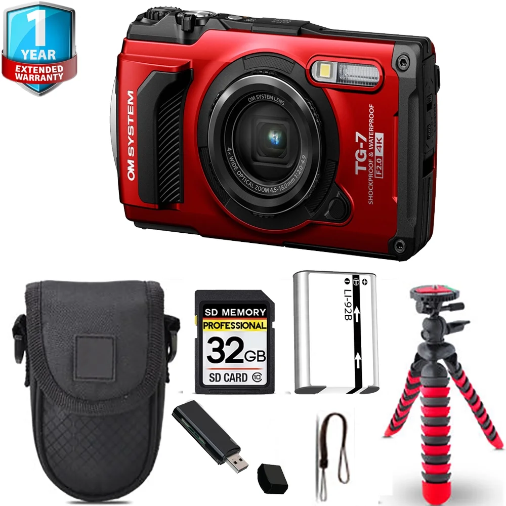 Olympus OM SYSTEM Tough TG-7 Digital Camera (Red) + Spider Tripod + Case+ 1 Yr Warranty