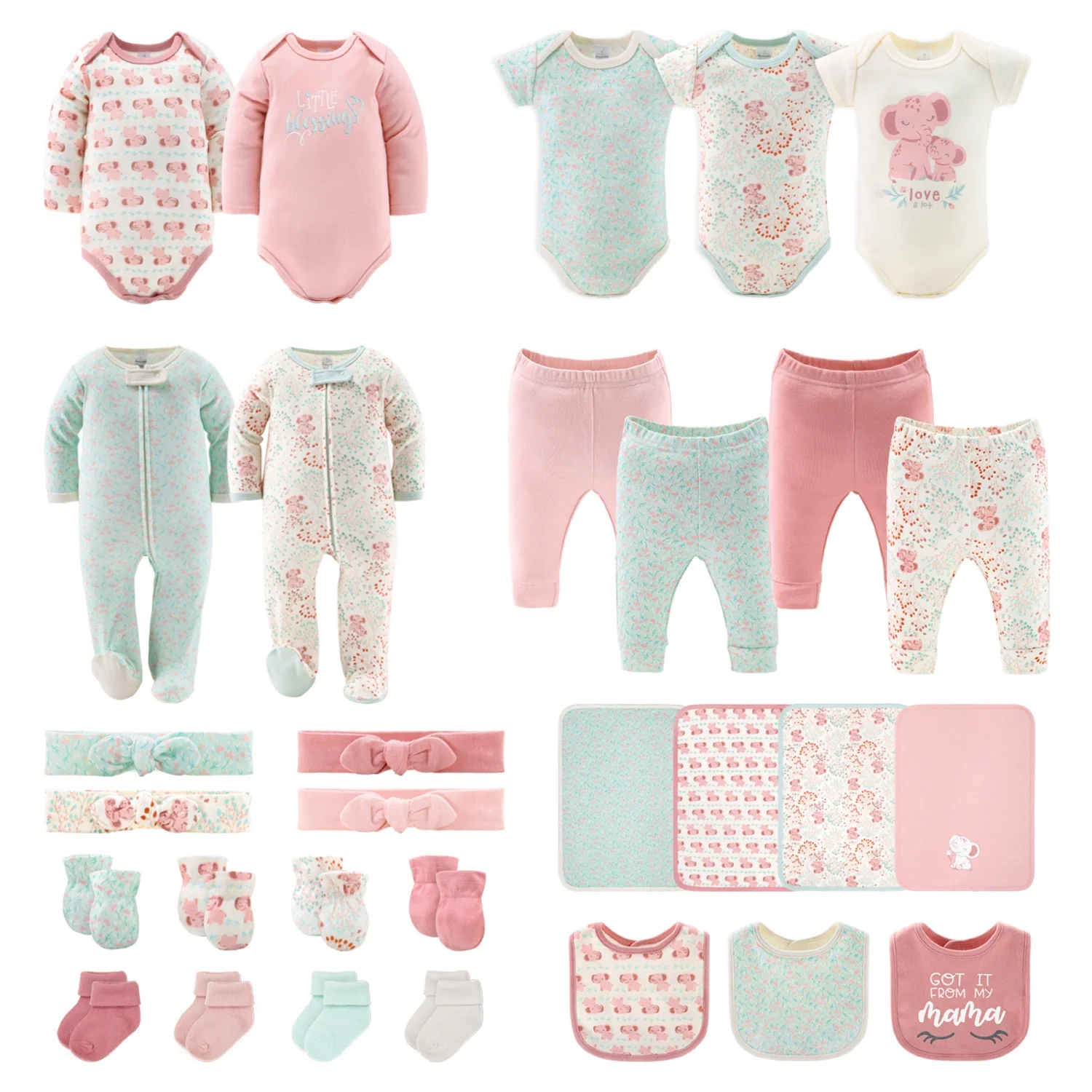 The Peanutshell Newborn Layette Gift Set, Pink Floral Elephant, 30 Essential Pieces, 0-3 Months