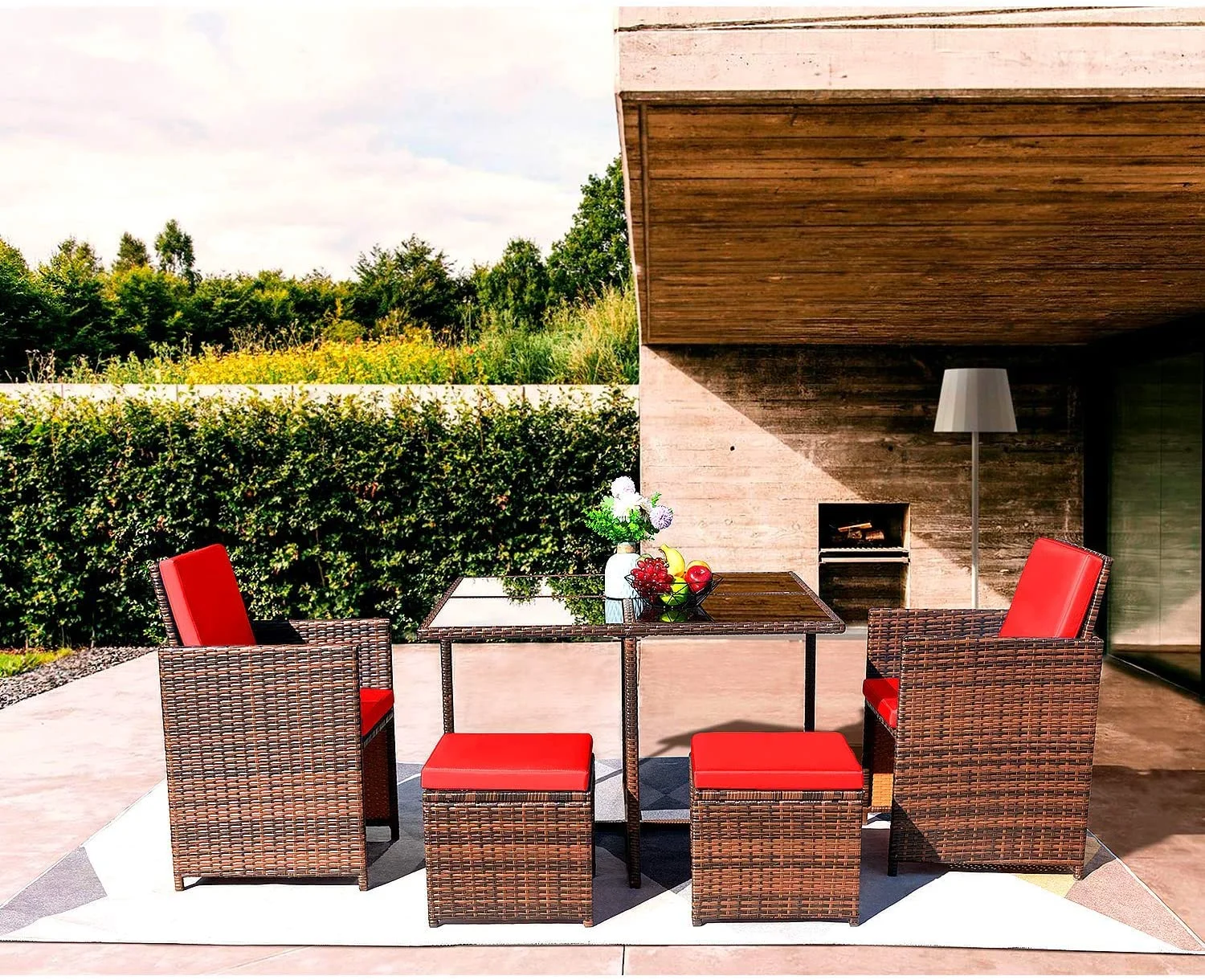 Vineego 5 Pieces Patio Sets Outdoor Wicker Conversation Sets Rattan Chairs with Ottomans and Tempered Glass Table(Red)