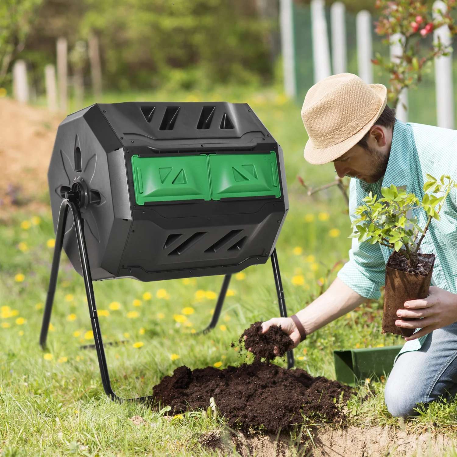 HNGMAOT Large Capacity Outsunny Dual Chamber 360° Rotating Compost Bin for Outdoor Use - Green 43 Gallon