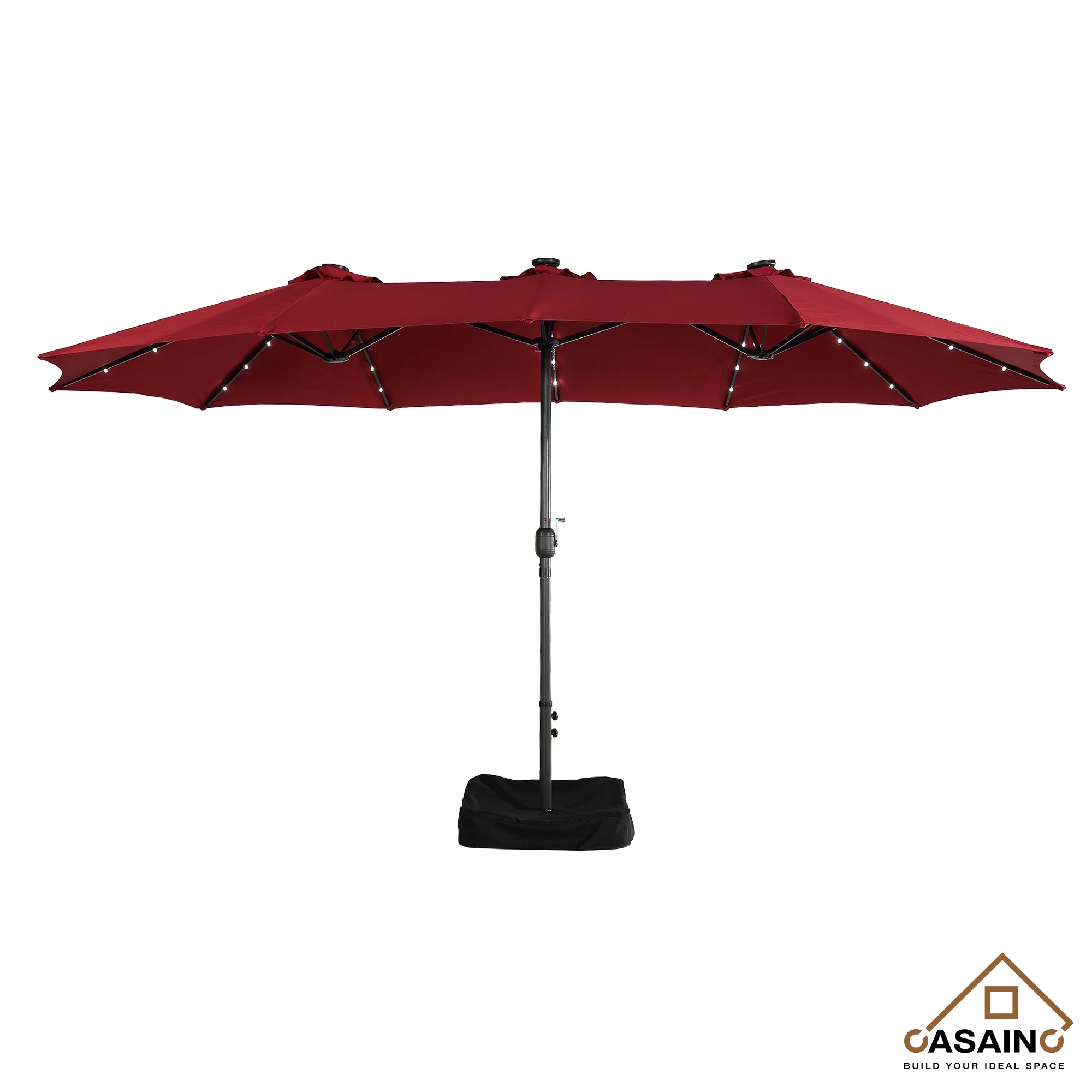 CASAINC 15 ft. Steel Patio Double-Side Market Umbrella with Base and Solar Light with Base in Burgundy