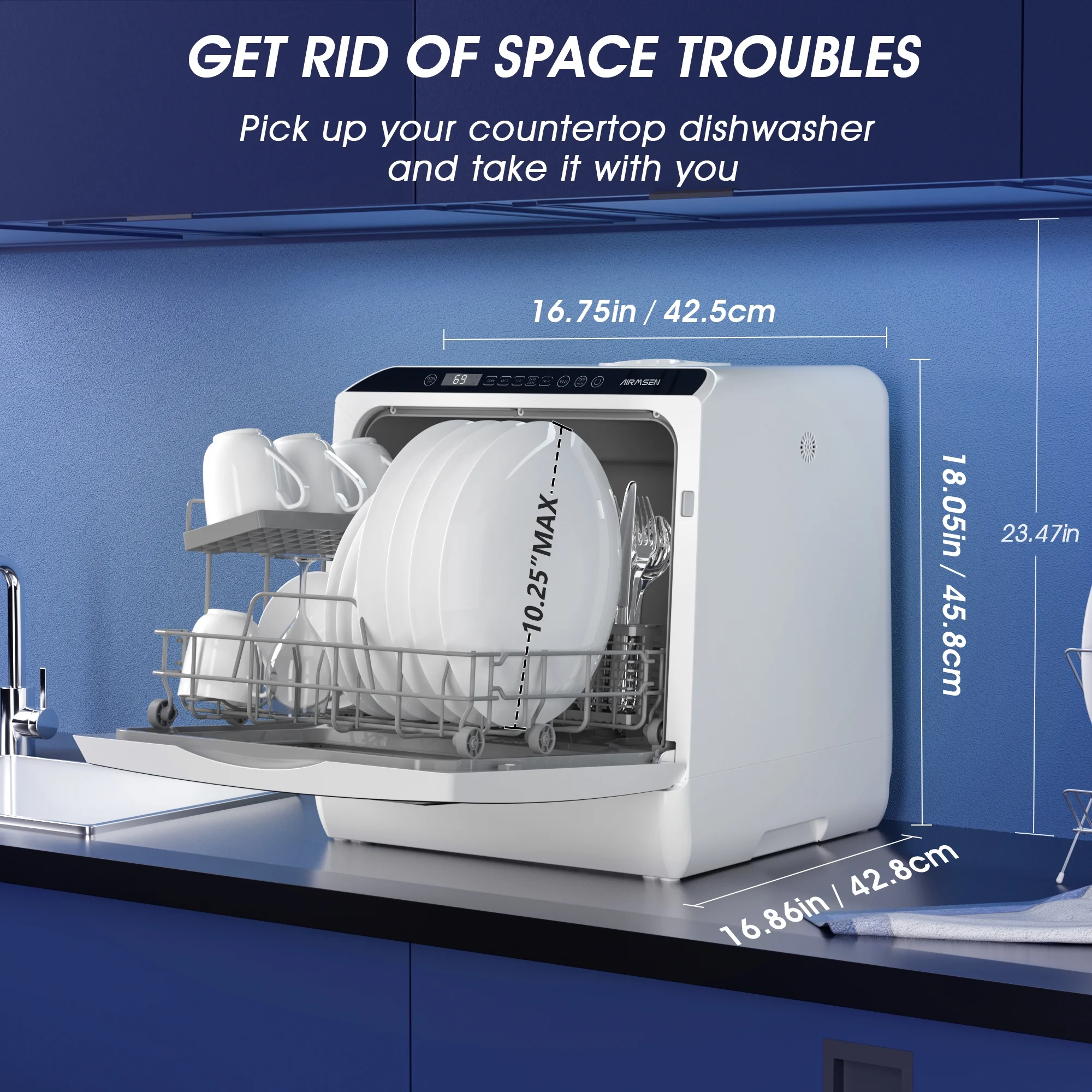 AIRMSEN Portable Countertop Dishwasher with 5-Liter Built-in Water Tank and Air-Dry Function, 5 Washing Programs, AE-TDQR03