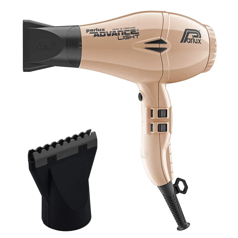 Parlux Advance Light Gold Ionic and Ceramic Hair Dryer and M Hair Designs Hot Blow Attachment Black (Bundle - 2 Items)