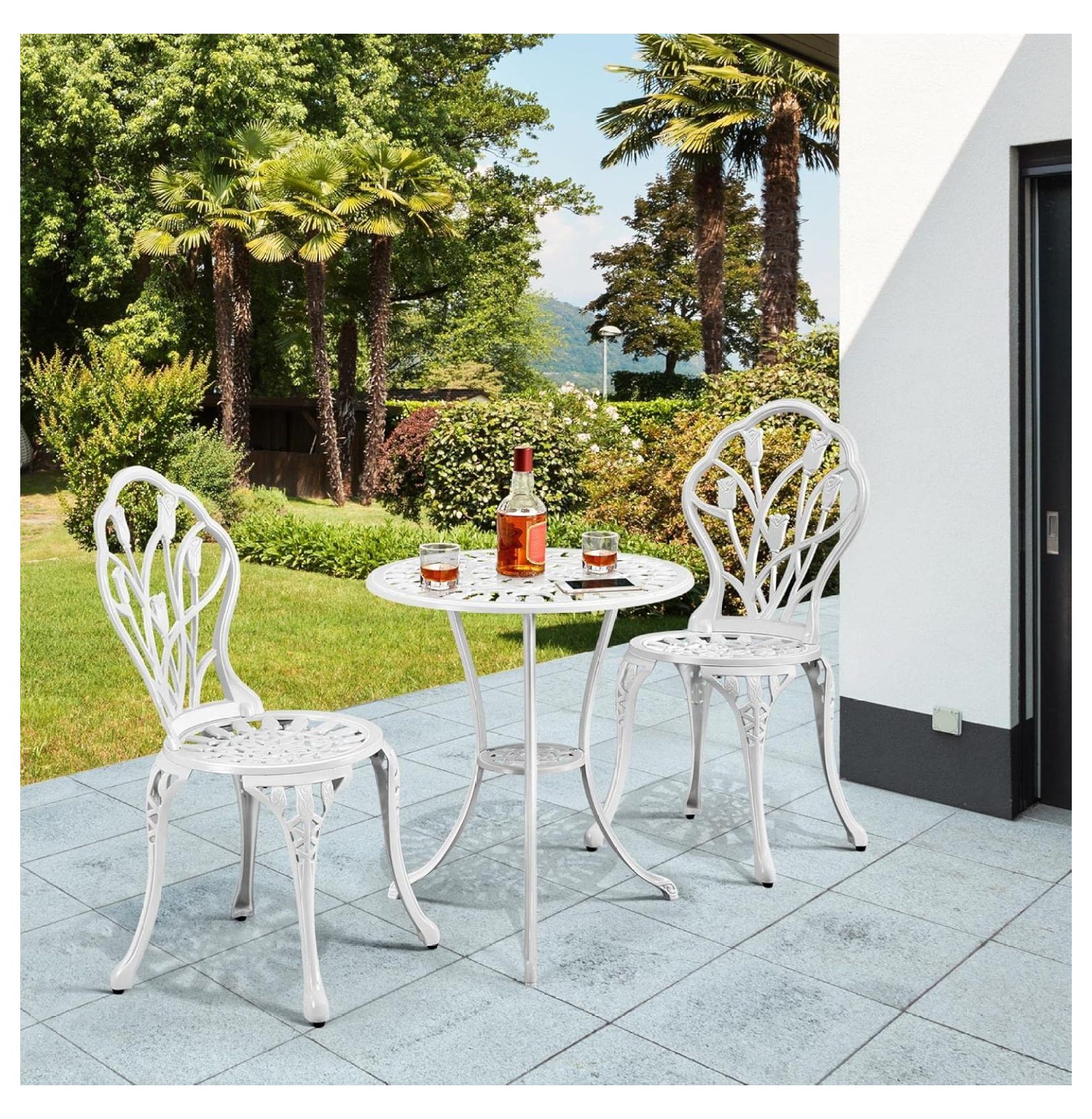 ChicCrest Patio Bistro Sets 3 Piece, Outdoor Rust-Resistant Cast Aluminum Garden Table and Chairs, White