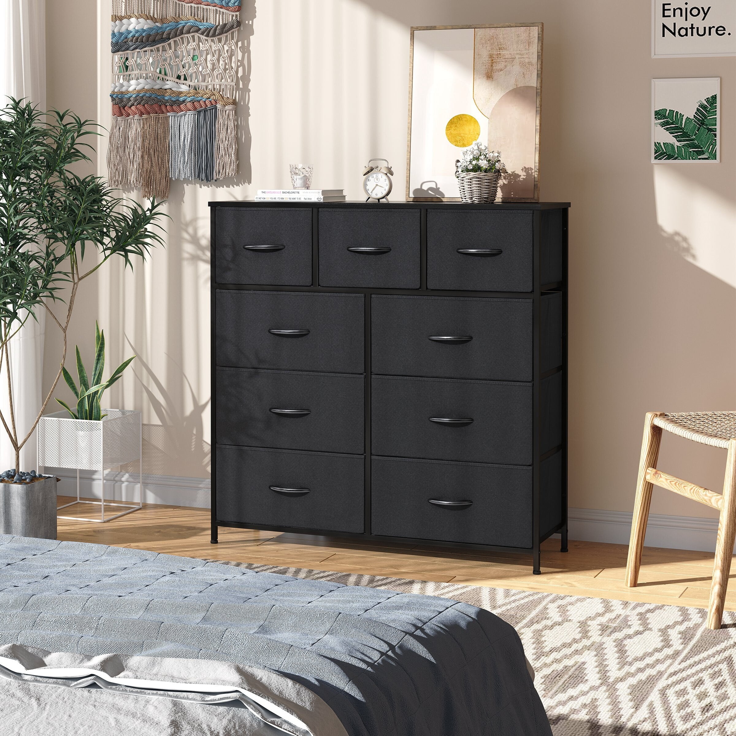 Crestlive Products Home Extra Wide Closet Dresser Storage Tower Organizer Unit 9 Drawers Black Dark Wood
