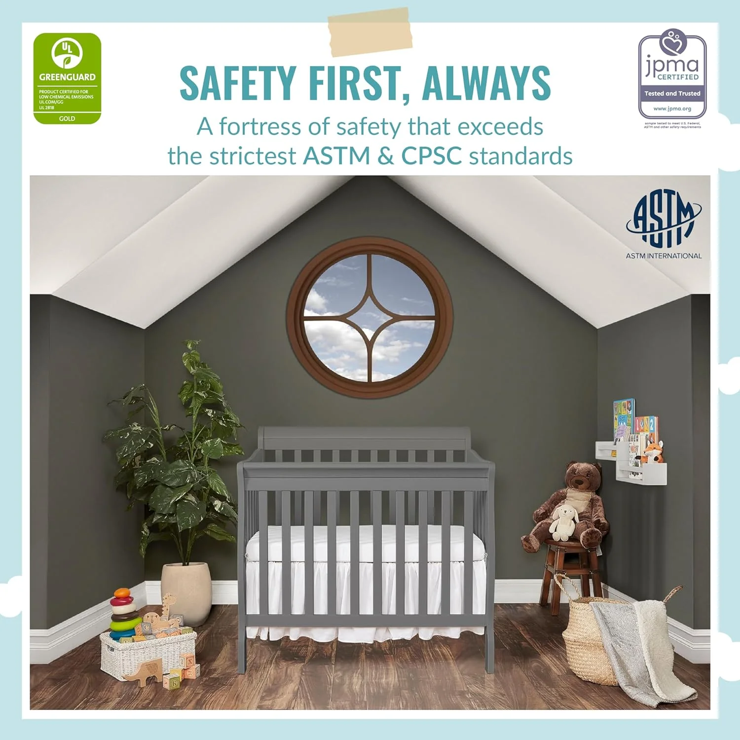 Aden 4-in-1 Convertible Mini Crib In Steel Grey, Greenguard Gold Certified, Non-Toxic Finish, New Zealand Pinewood, With 3 Mattress Height Settings