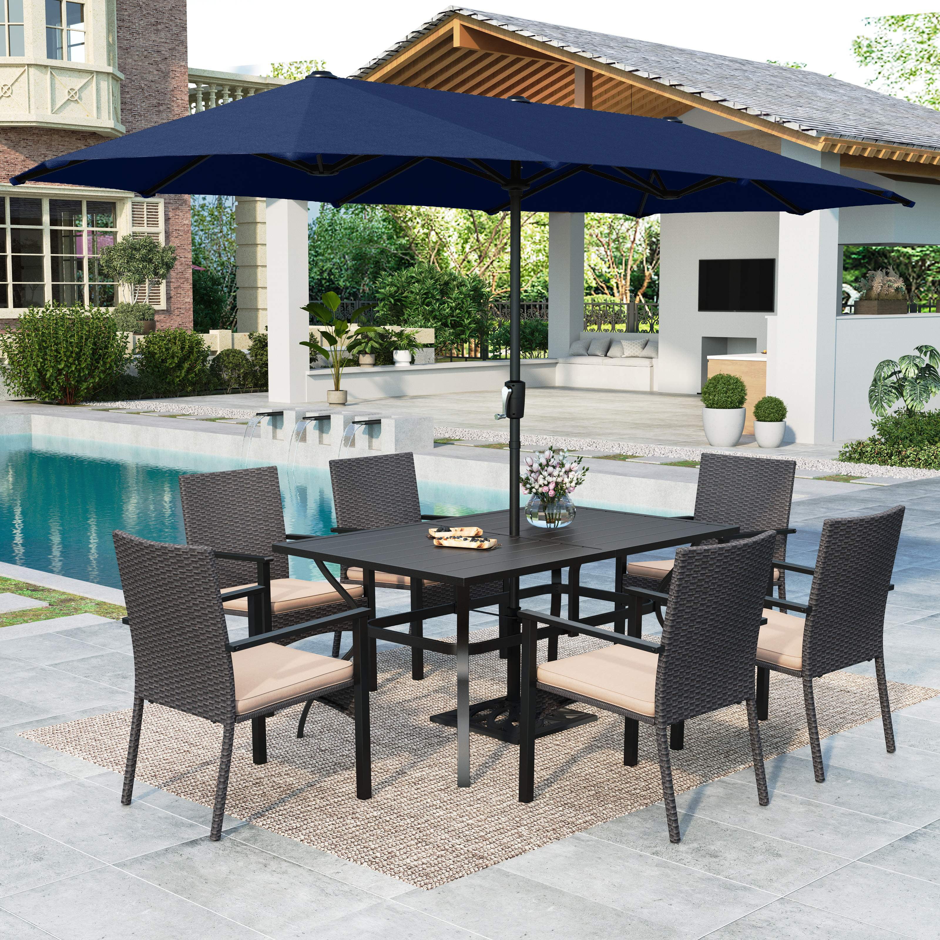 MF Studio 8 Pieces Outdoor Dining Set with 13ft Double-Sided Twin Umbrella, 6 Rattan Chairs and Rectangular Table, Navy Blue