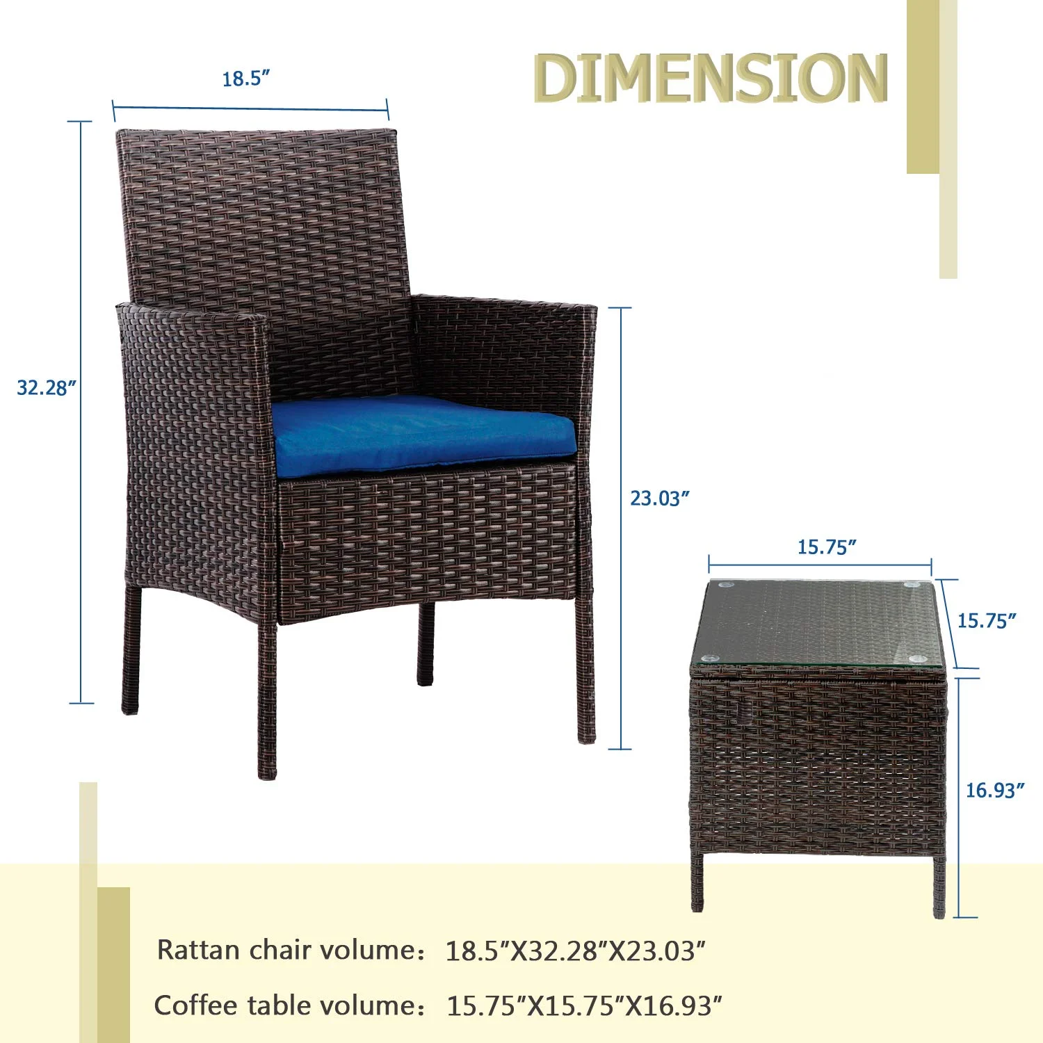 SUNCROWN 3-Piece Patio Furniture Outdoor Bistro Set All-Weather Brown Wicker and Glass Side Table with Dark Blue Cushions