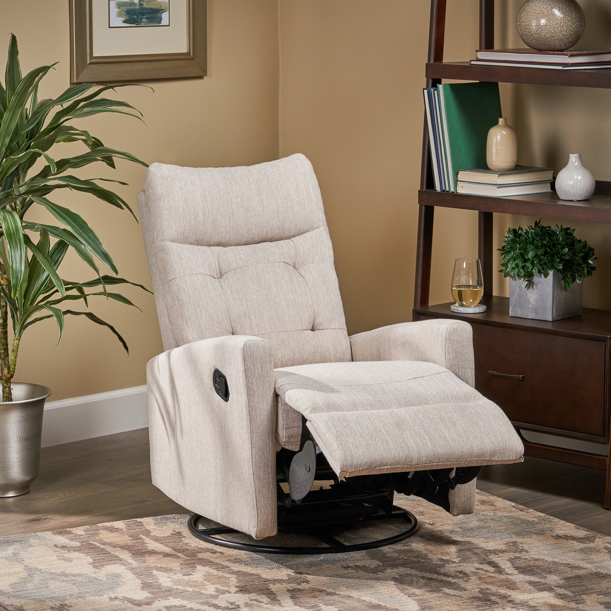 GDF Studio Kimpton Contemporary Fabric Tufted Glider Swivel Pushback Recliner, Beige and Black