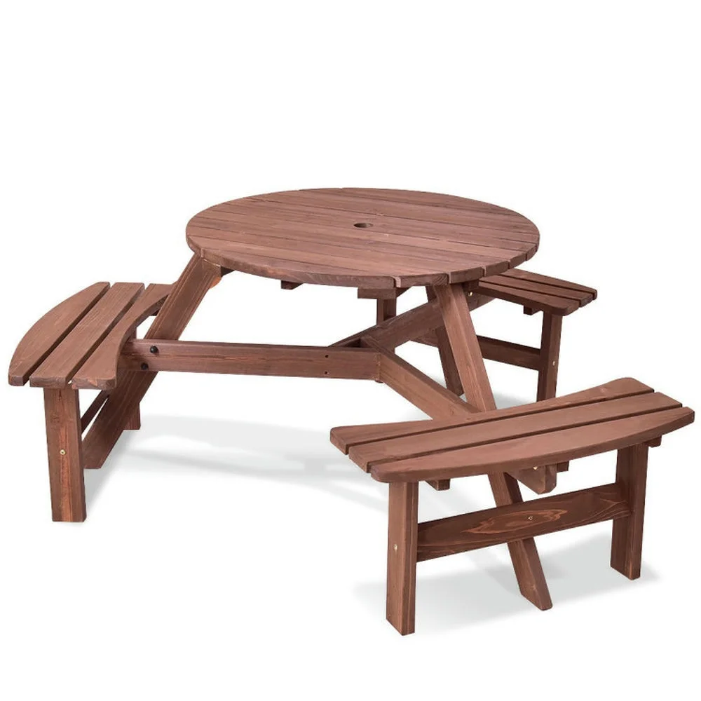 Kepooman Picnic Table, Camping Table, 6 Person Wooden Picnic Table Set with Bench and Umbrella Hold