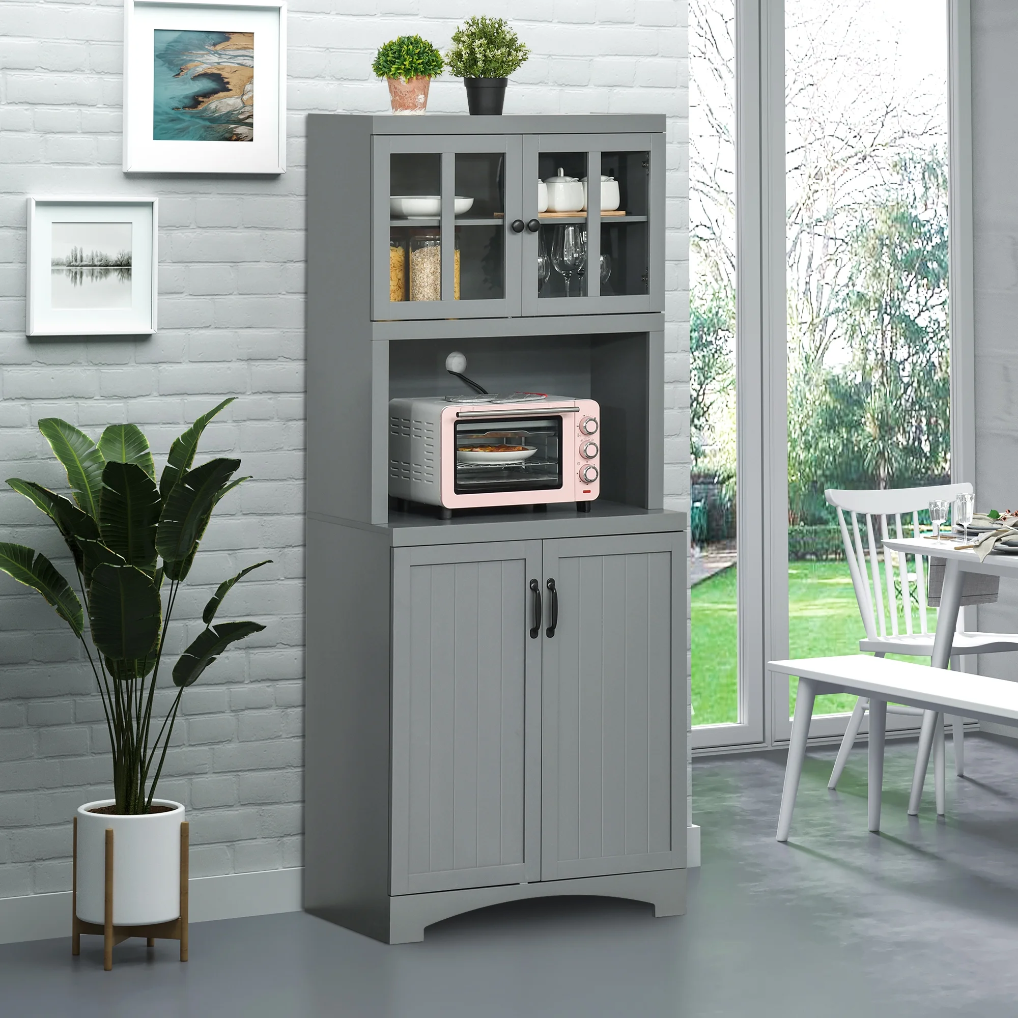 HOMCOM Kitchen Hutch, Pantry Cabinet with Glass Framed Door, Adjustable Shelves and Microwave Space for Dining Room, Gray