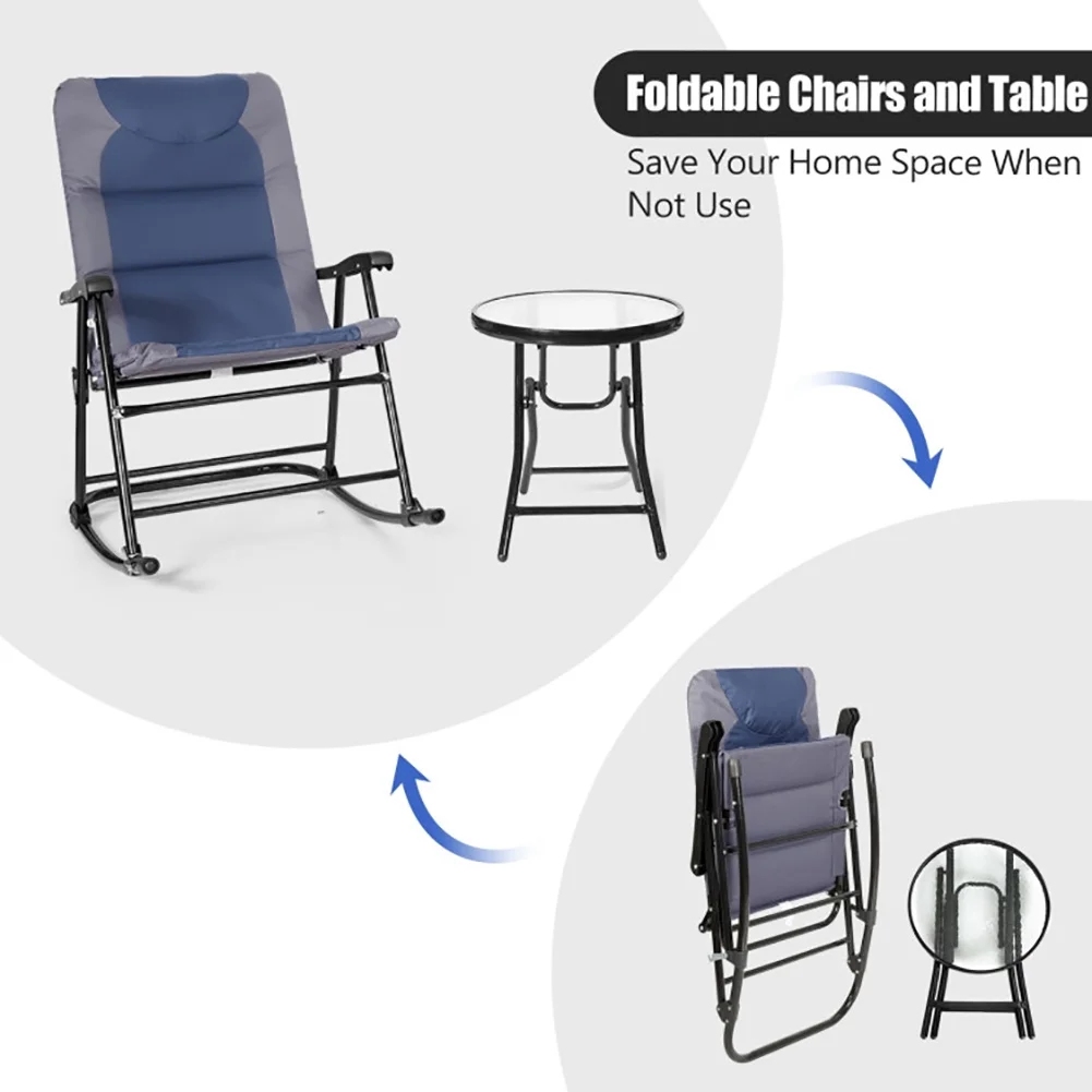 Canddidliike 3 Pieces Outdoor Furniture Folding Rocking Chair with Cushion Glass Coffee Table Set of 3