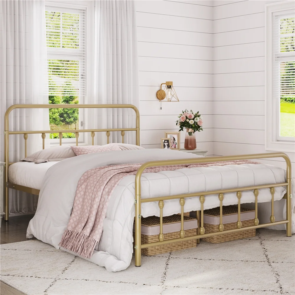 Yaheetech Classic Platform Bed with High Headboard and Footboard,Queen,Antique Gold