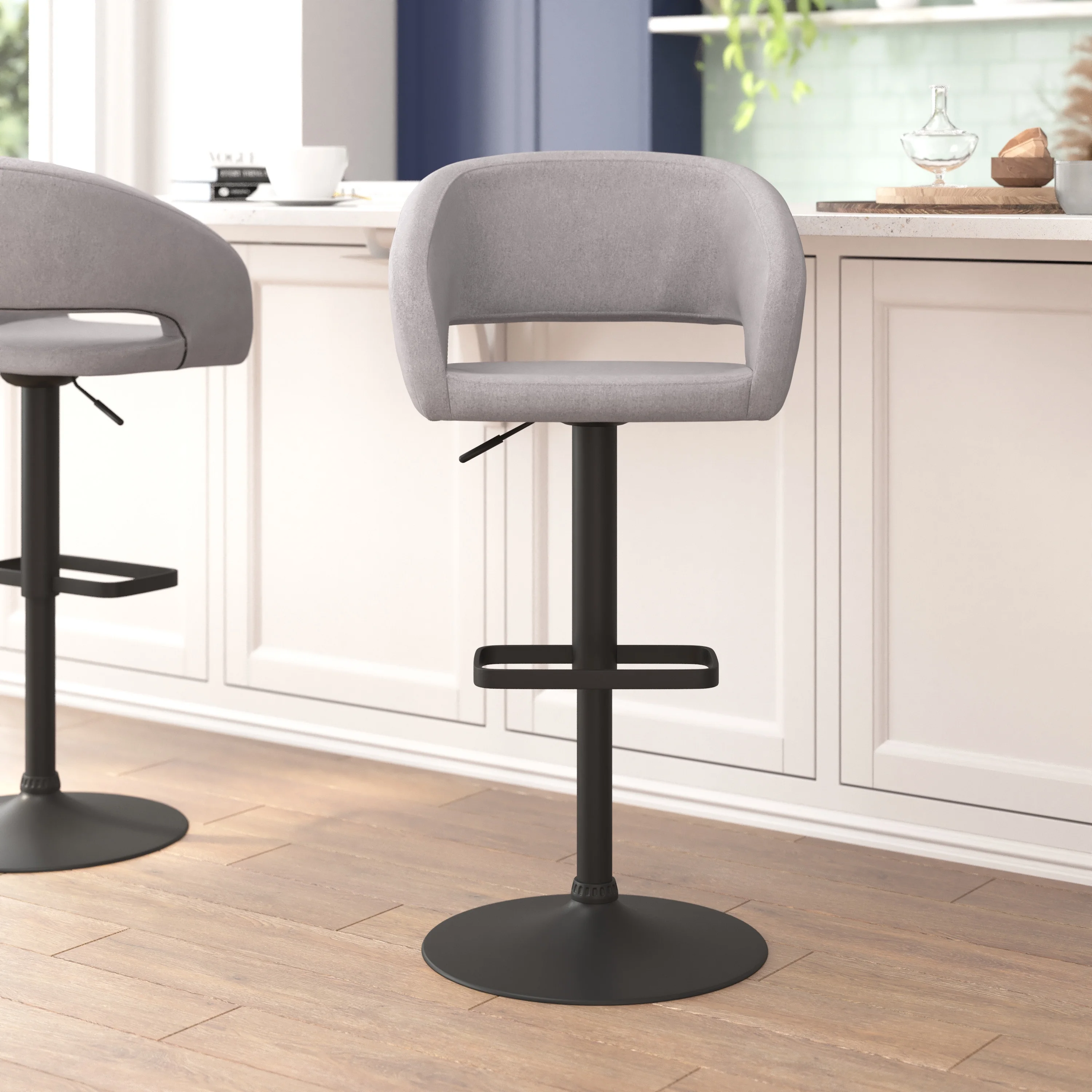 BizChair Contemporary Gray Fabric Adjustable Height Barstool with Rounded Mid-Back and Black Base