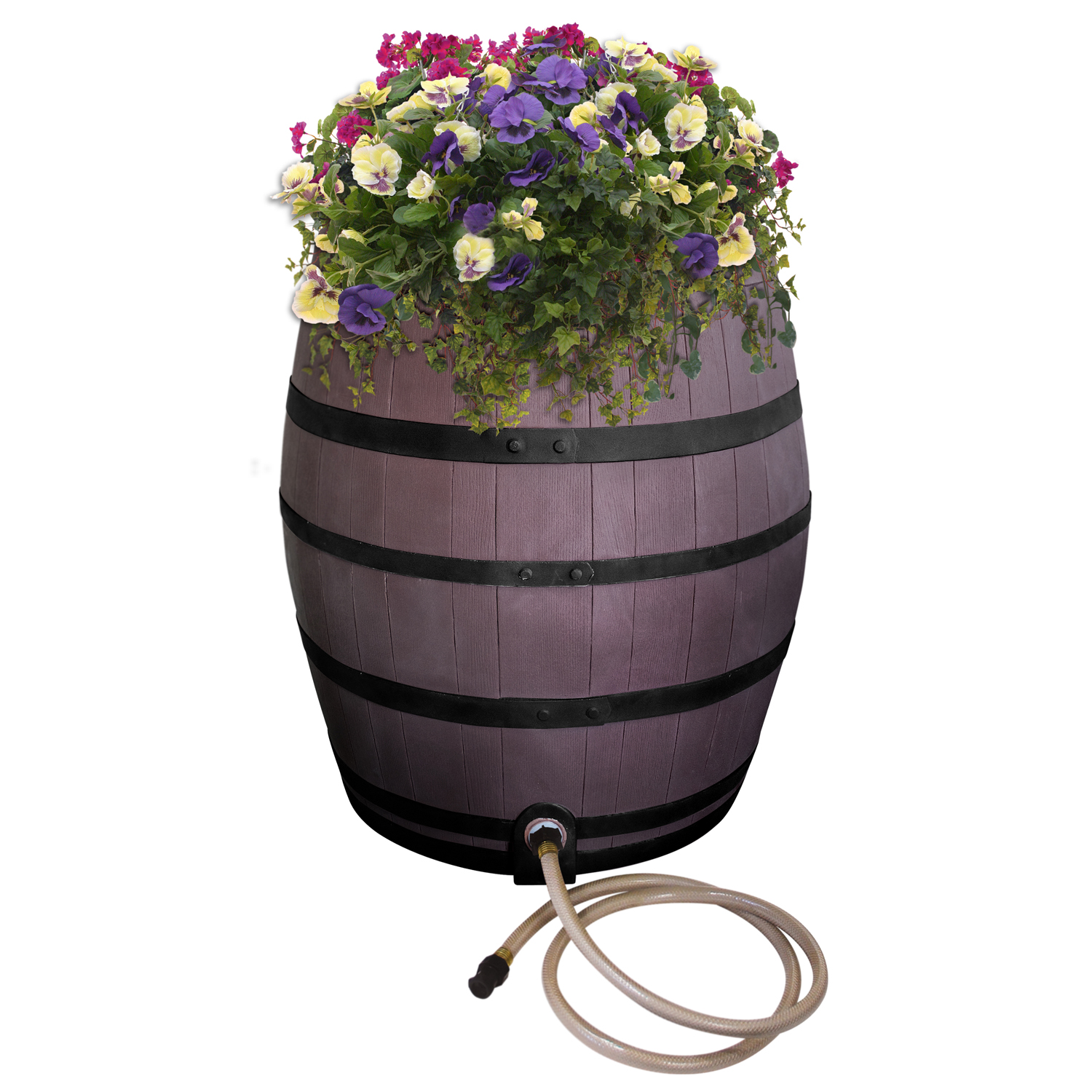Rescue 50-Gallon Whiskey Rain Barrel with Black Bands ? Includes Planter, Rain Water Diverter, Outlet Hose ? Flatback Design ? Brown