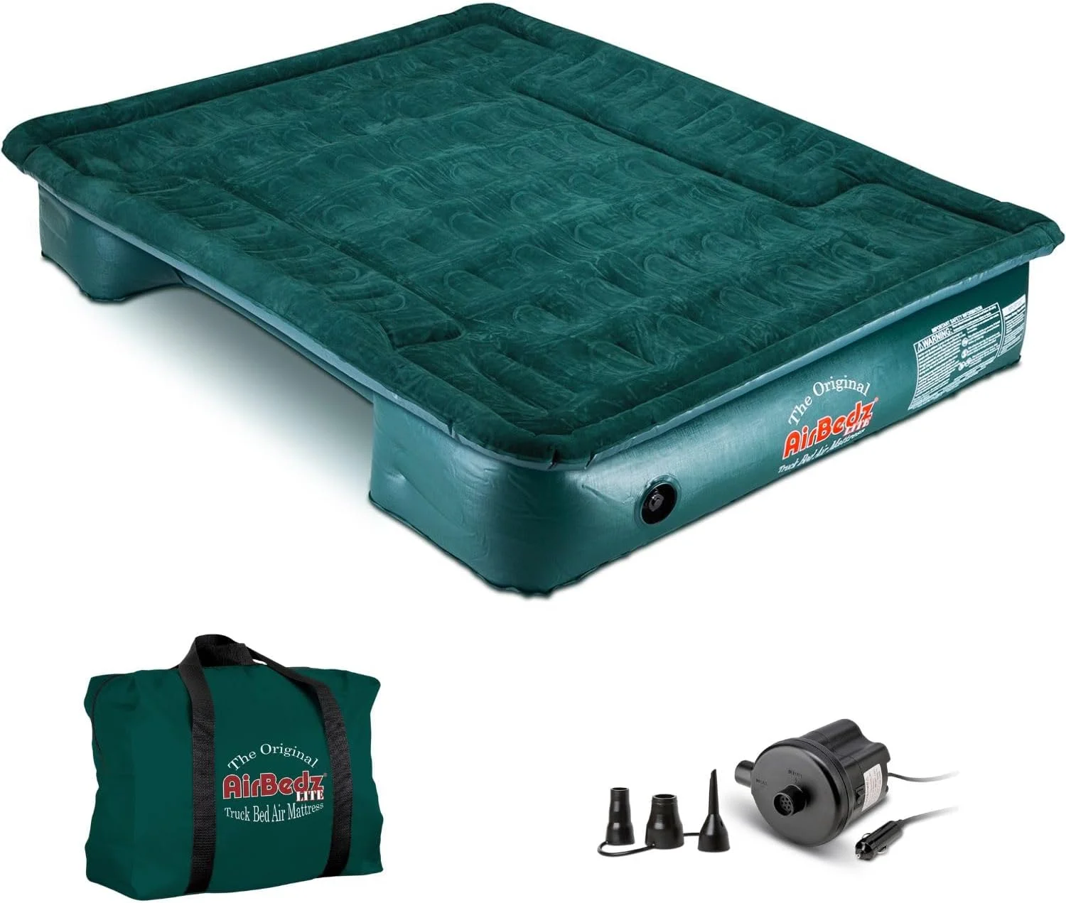 AirBedz by - Lite Full Size Short Truck Bed Air Mattress, Green - 6-6.5' Long, with Portable DC Air Pump