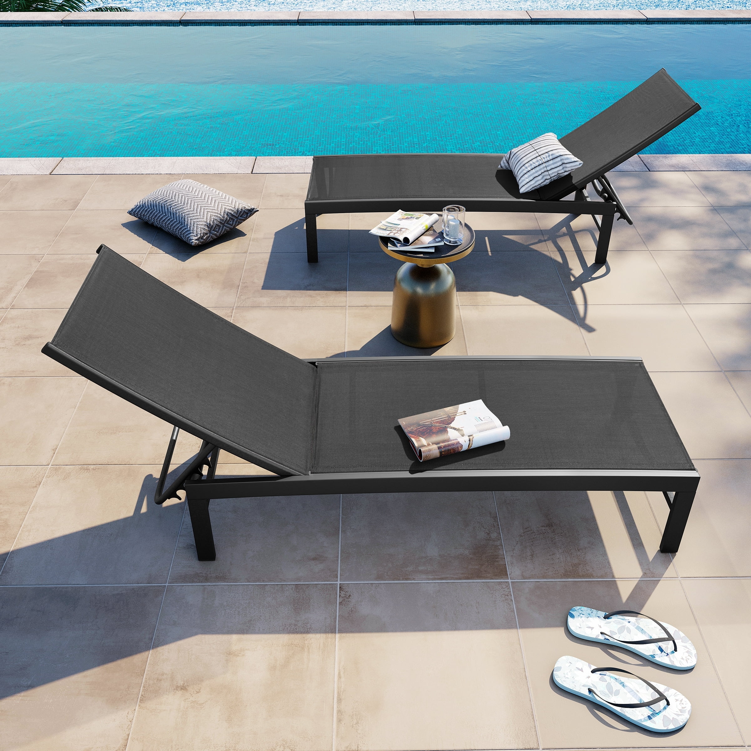 Crestlive Products Crestlive Adjustable Aluminum Chaise Lounge Chairs (Set of 2) - See Picture Black Fabric, Black Frame