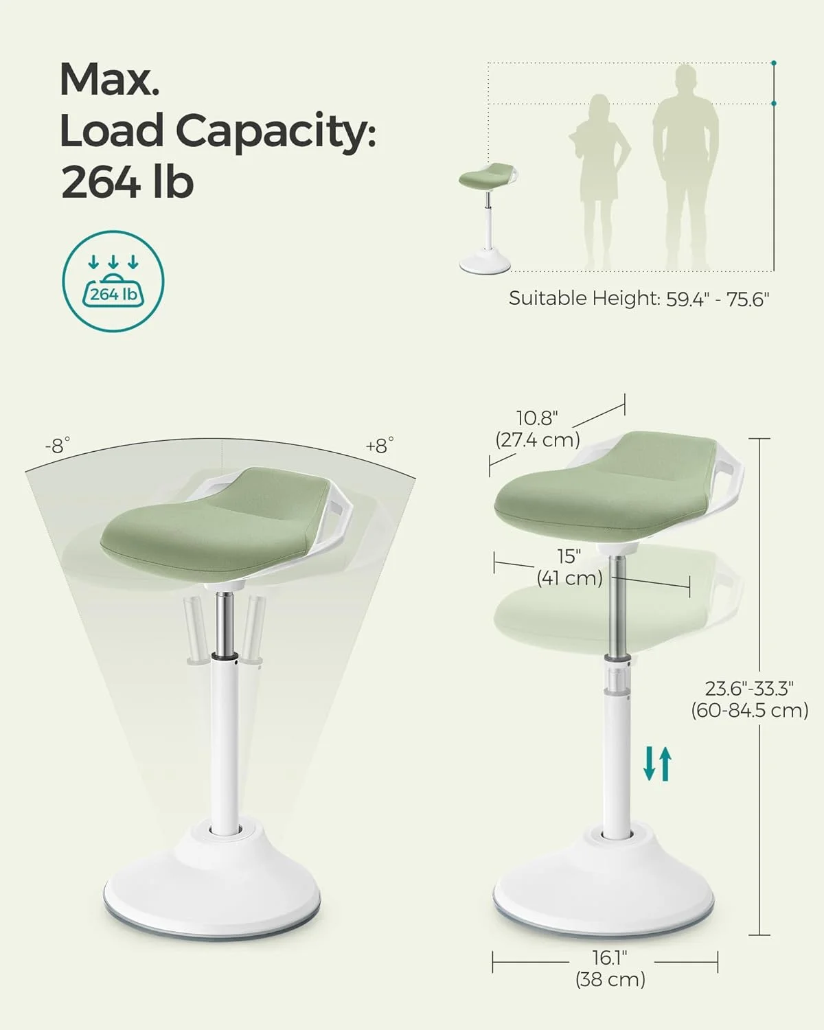 SONGMICS Standing Desk Chair, Adjustable Ergonomic Standing Stool, 23.6-33.3 Inches, Swivel Sitting Balance Chair, Anti-Slip Bottom Pad, Laurel Green
