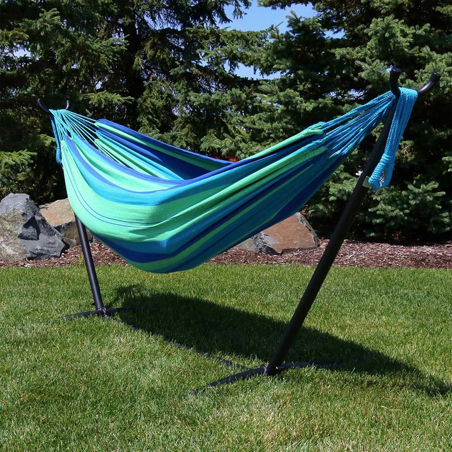 Double Brazilian Hammock with Stand and Carrying Case - 400-Pound Capacity - Black Stand - Beach