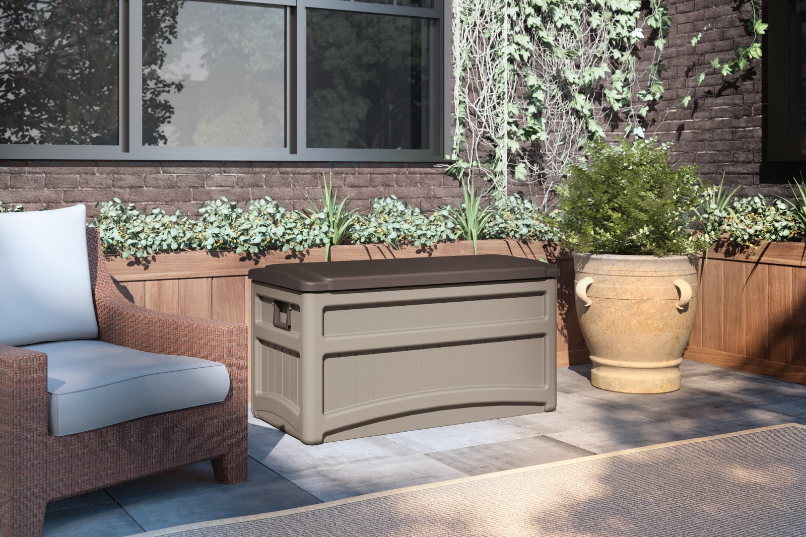 Suncast 73-Gallon Capacity Deck Box, Patio or Back Yard, Resin, Light Taupe, DB8000B, 35.2 lb