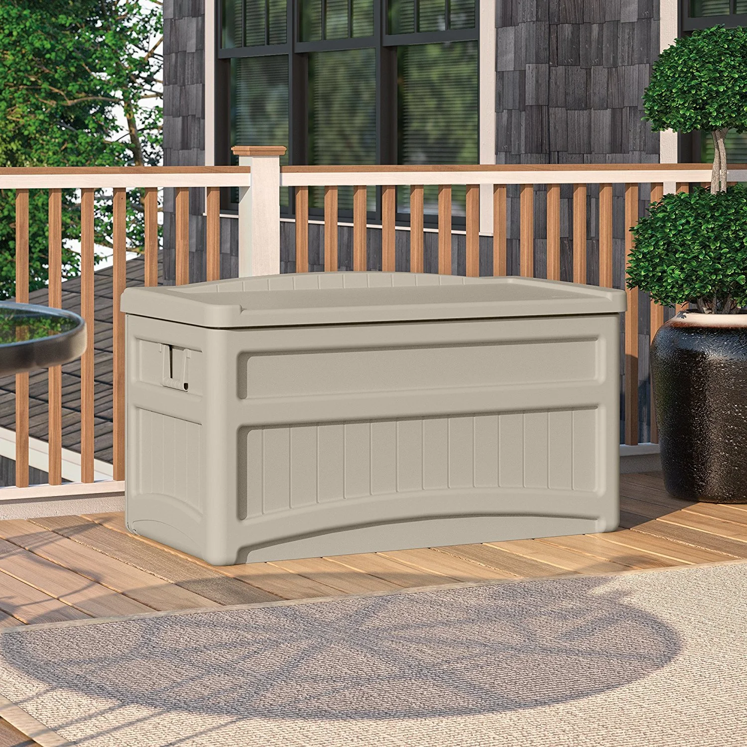 Suncast 73-Gallon Resin Outdoor Storage Deck Box with Seat for Patio, Taupe, 46 x 25.5 x 23.75 in.