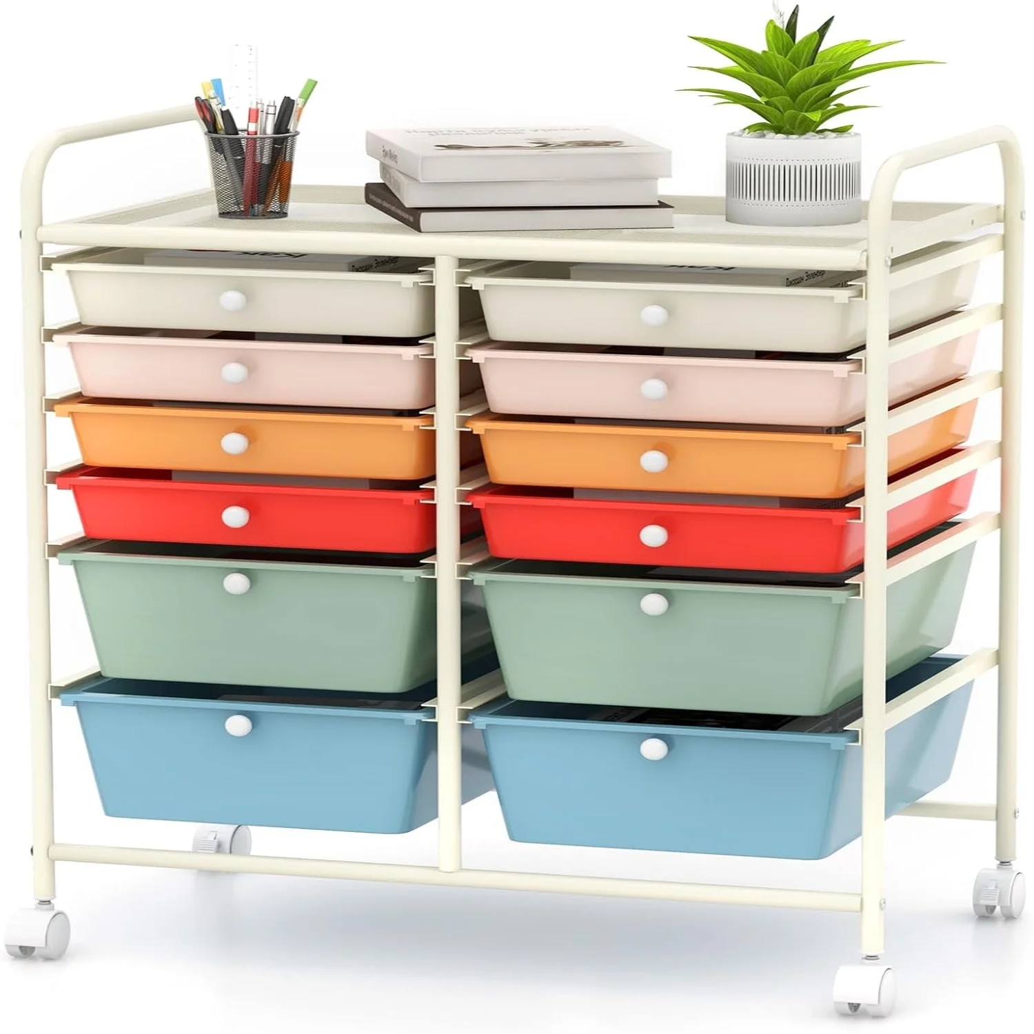 12-Drawer Rolling Cart Multipurpose Organizer Cart for Home Office School Utility Cart with Wheels (Macaron)