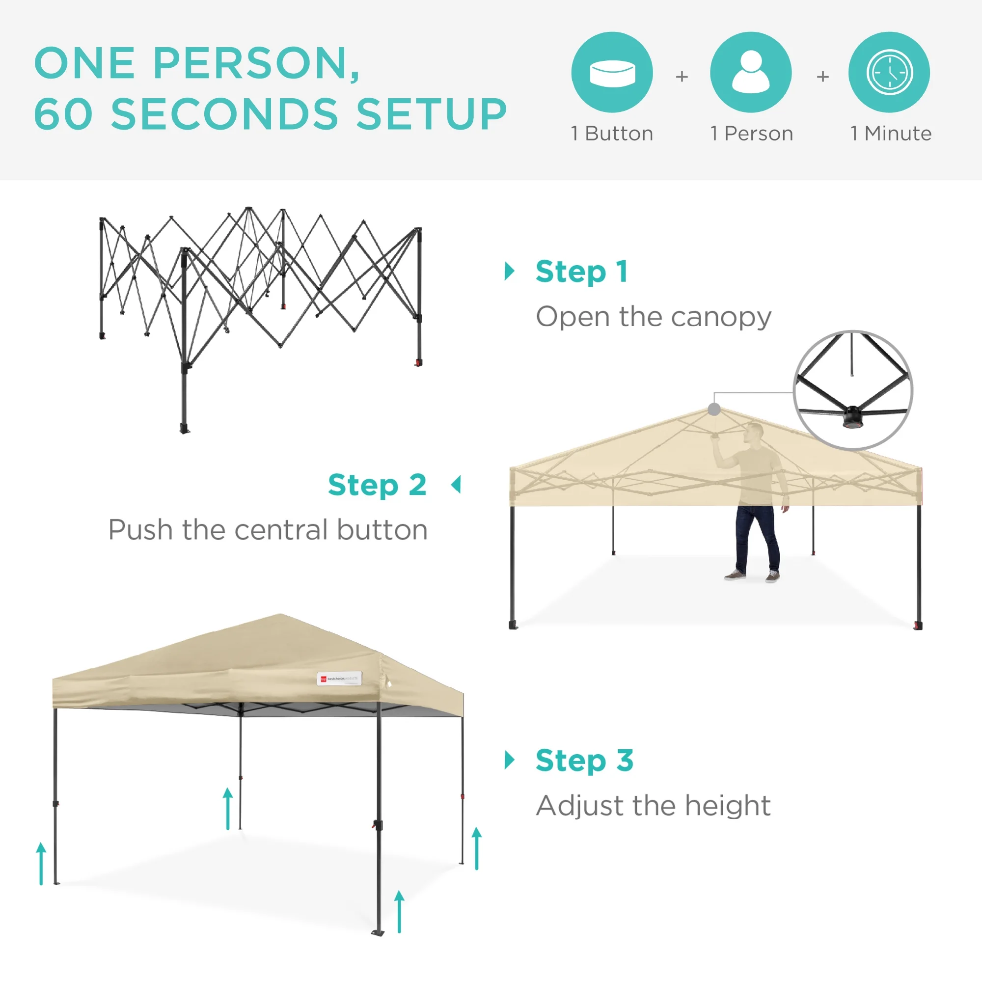 Best Choice Products 8x8ft Easy Setup Pop Up Canopy w/ 1-Button Setup, Wheeled Case, 4 Weight Bags - Sand