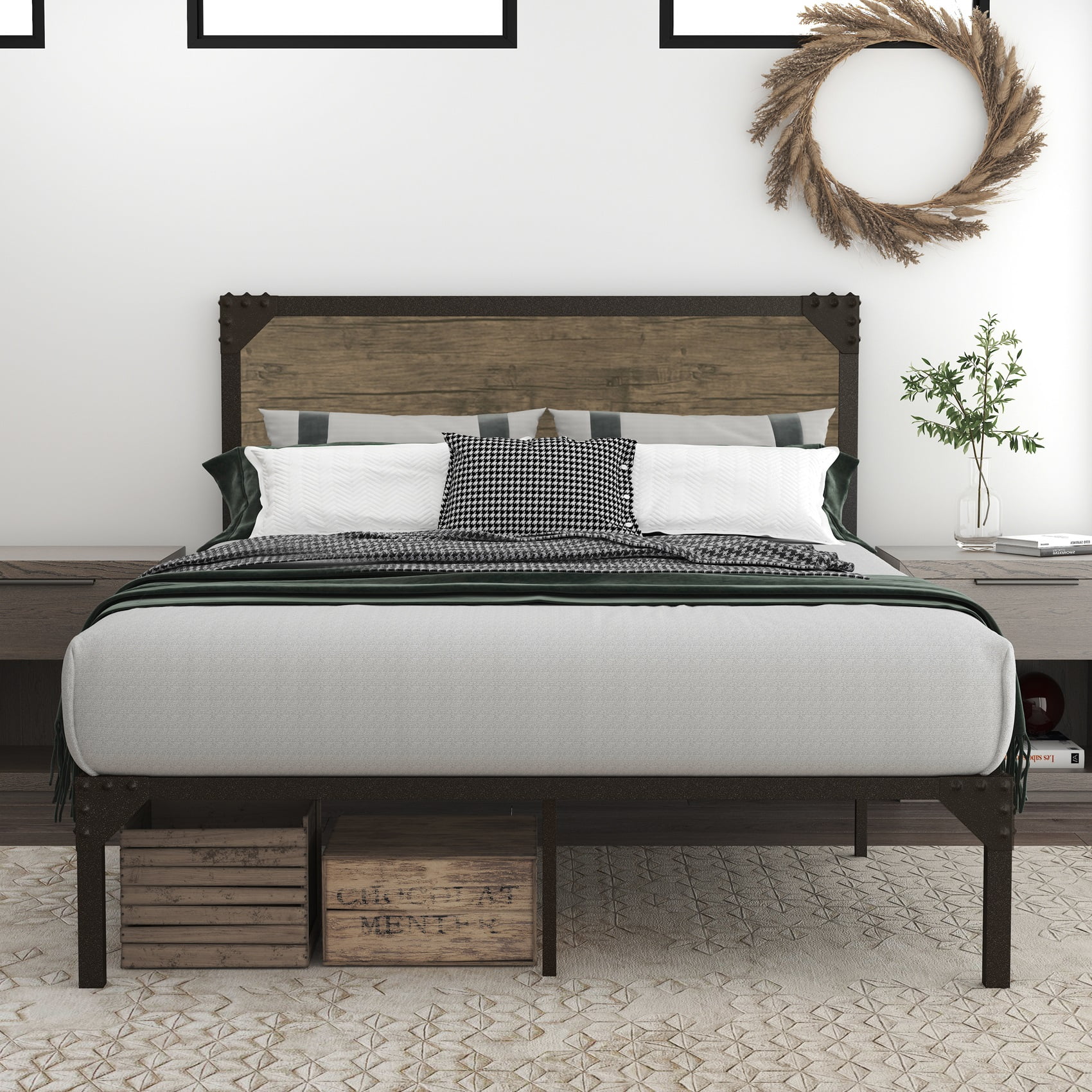 Allewie Queen Size Industrial Platform Metal Bed Frame with Wooden Rivet Headboard, Strong Steel Slat Support, 11