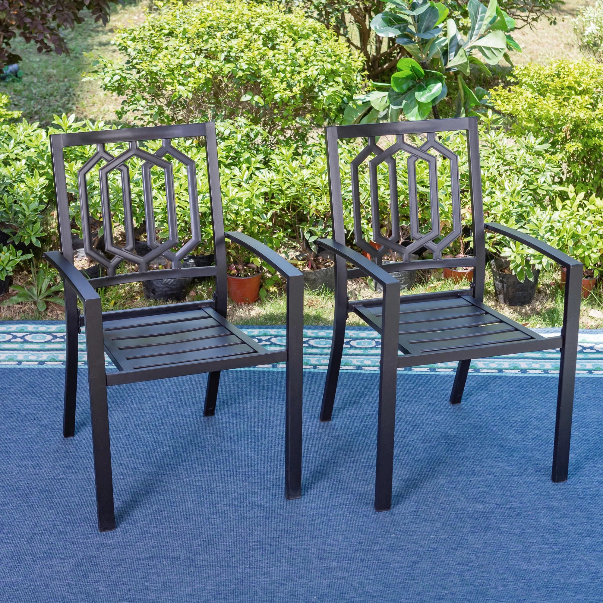 MF Studio 5-Piece Outdoor Patio Dining Set, Metal Steel Furniture Set with Stacking Chairs for 4-Person, Black