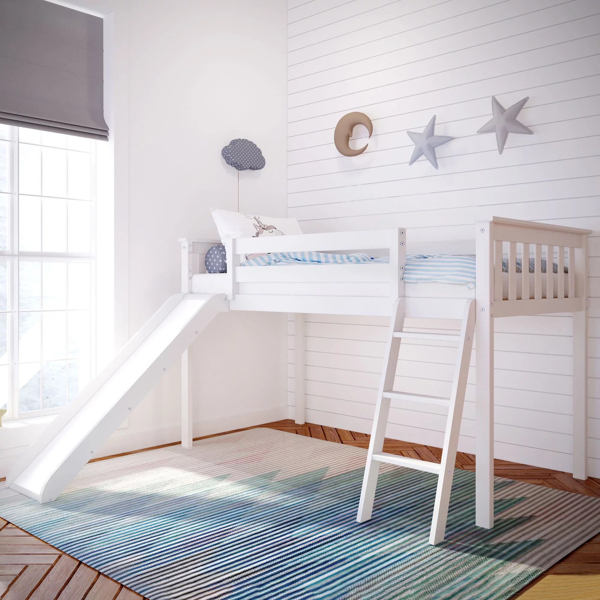 Max & Lily Twin Loft Bed with Slide, Solid Wood Loft Beds with Ladder for Kids, White