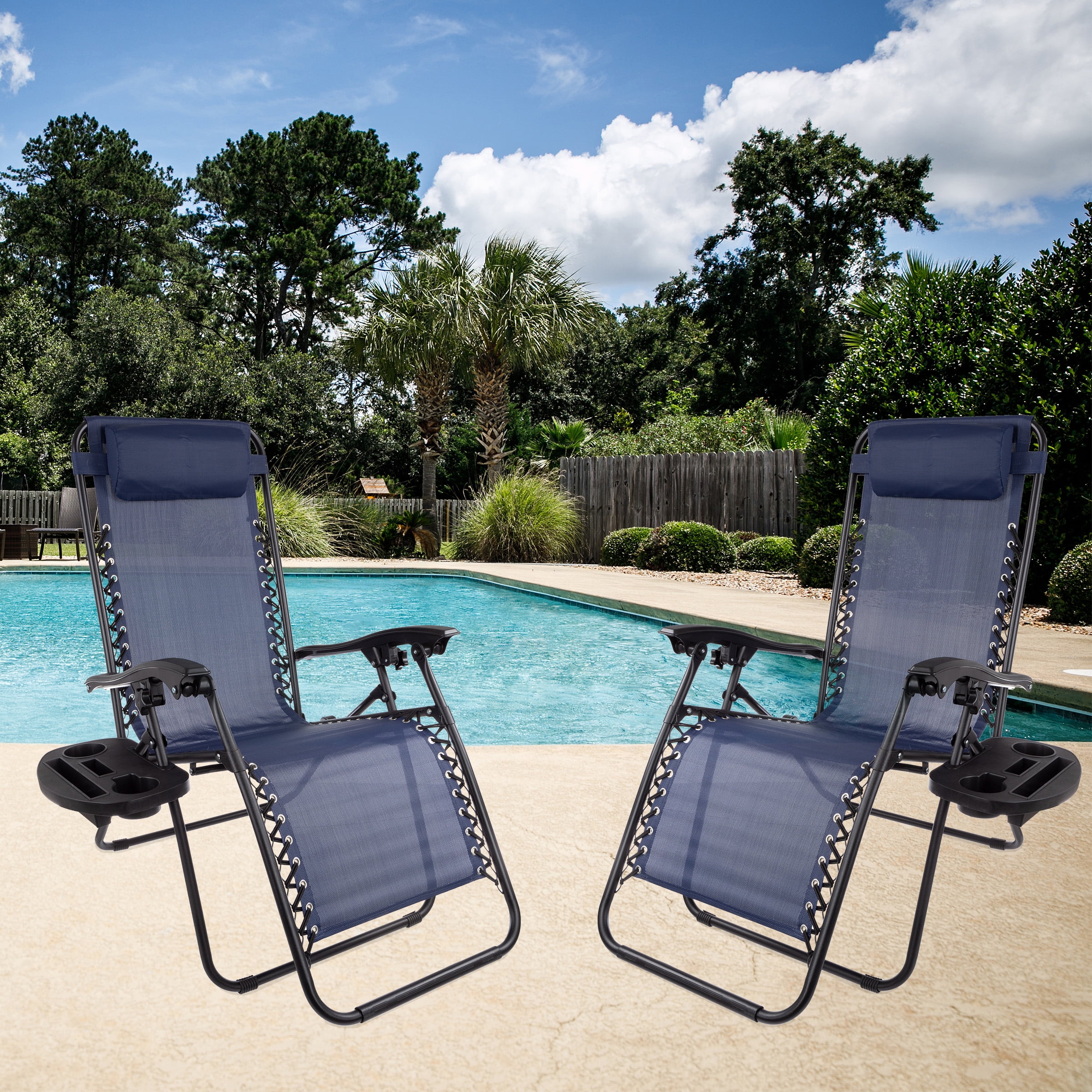 Zero Gravity Lounge Chairs- Set of 2- Navy Blue Folding Anti-Gravity Recliners- Side Table Cup Holder & Pillow-For Outdoor Lounging by Lavish Home