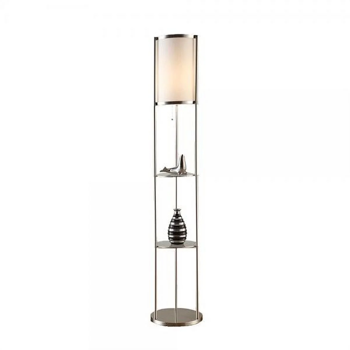 Artiva USA Exeter, Modern Design, 63-Inch Brushed Steel Finish Durable Glass Display Shelf Floor Lamp with Smooth Silk Shade
