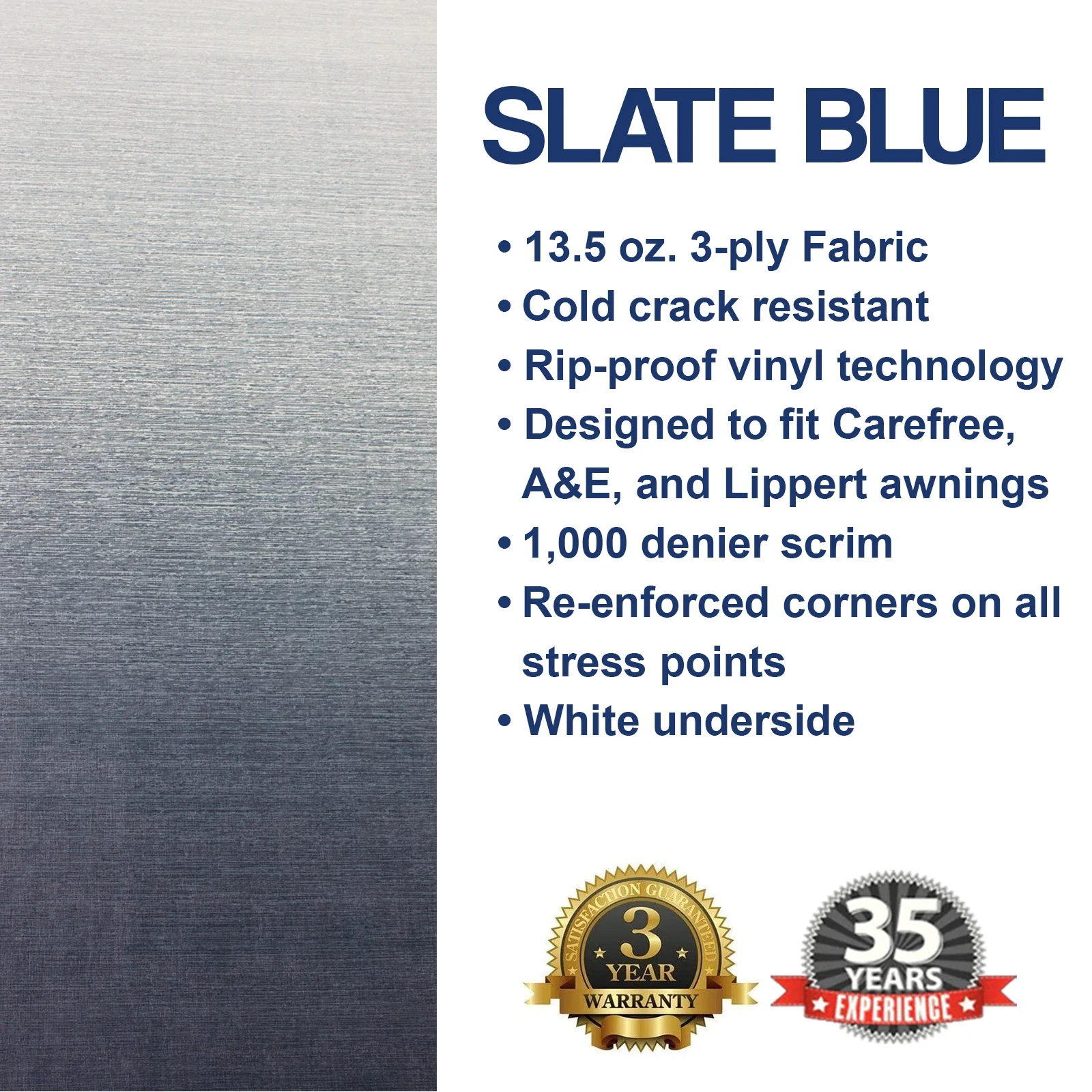 Shadepro RV Awning Fabric Replacement Premium Grade Vinyl 15' Slate Blue (Length 14'2