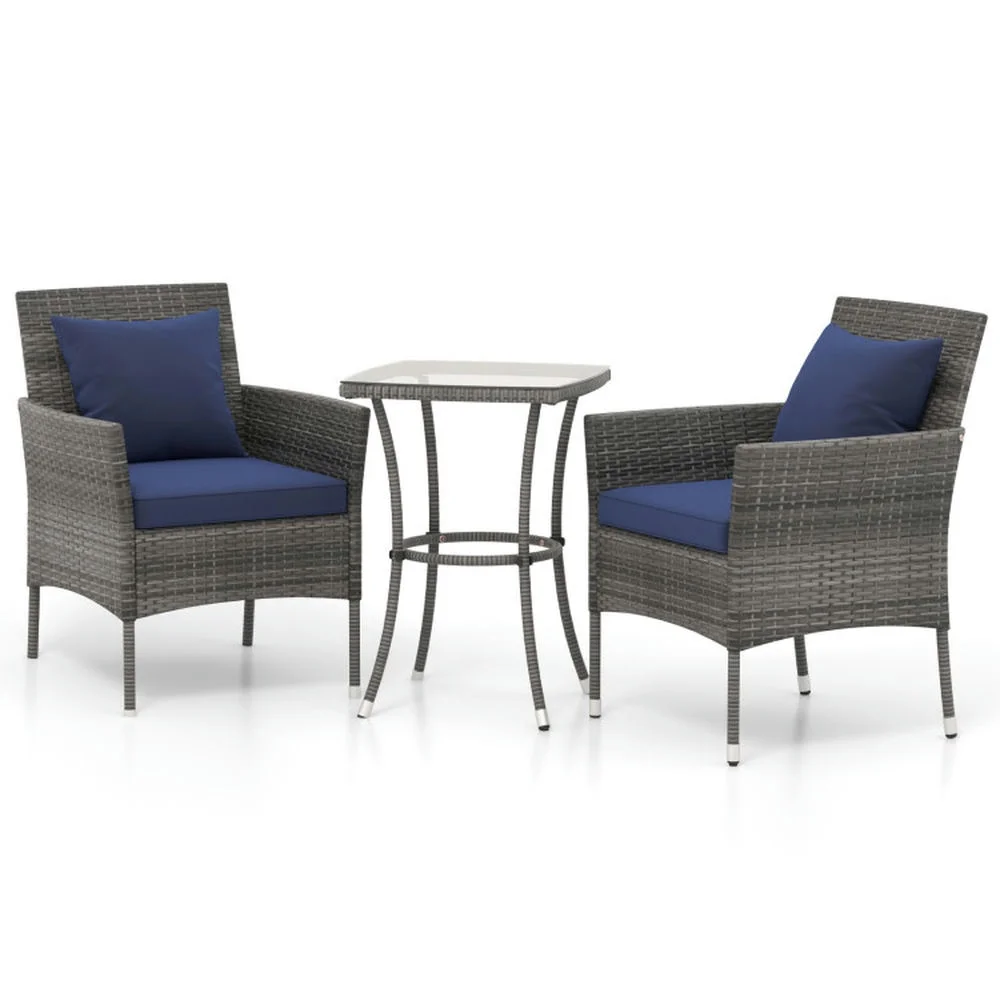 Kepooman Patio Bistro Set, Outdoor Furniture Sets,3 Pieces Patio Furniture Set with Cushioned Patio Chairs and Tempered Glass Coffee Table-Navy