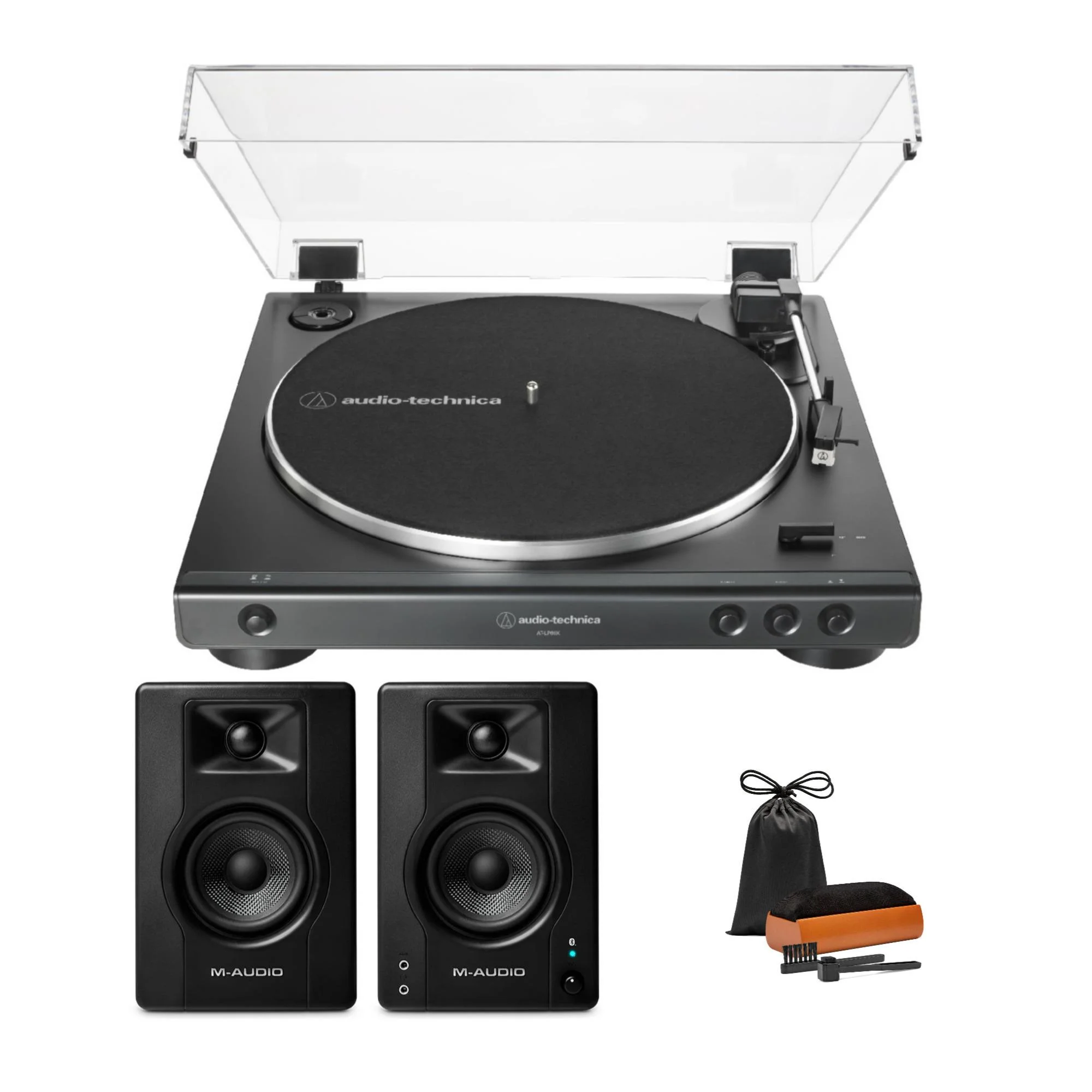 Audio-Technica AT-LP60X Belt-Drive Stereo Turntable (Black) with Studio Monitors and Cleaning Kit
