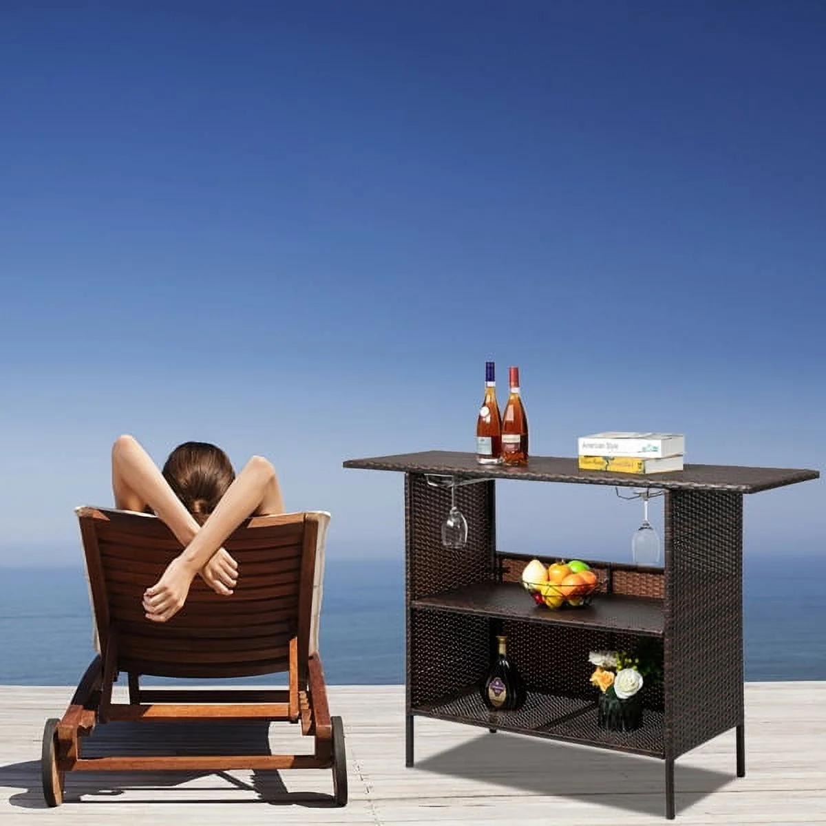 SYTHERS Outdoor Wicker Bar Table Patio Rattan Counter Table with 2 Steel Shelves, Brown