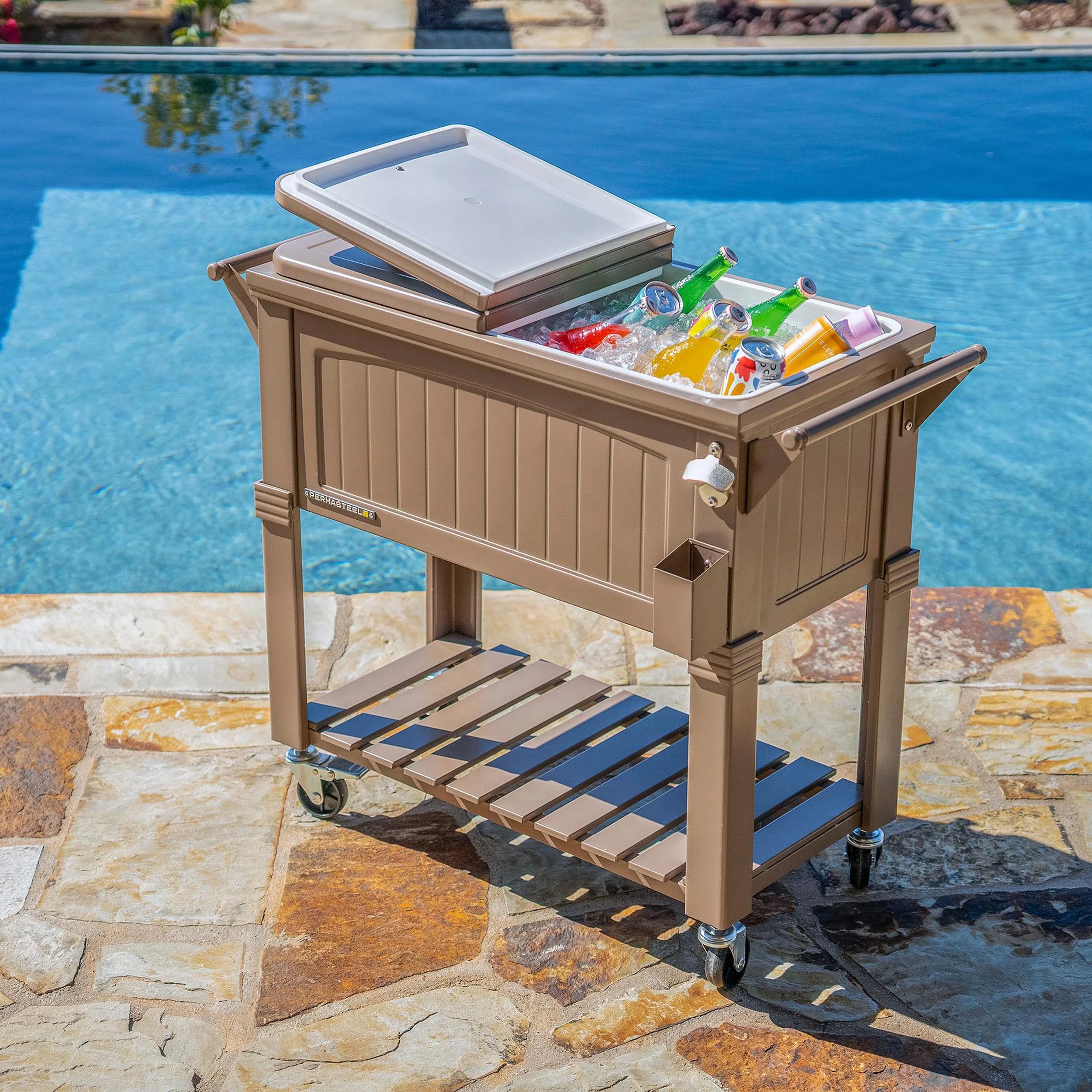 Permasteel 80-Qt Antique Outdoor Steel Patio Cooler on Wheels, Rolling Cooler Cart, Wooden Teak Style, Taupe